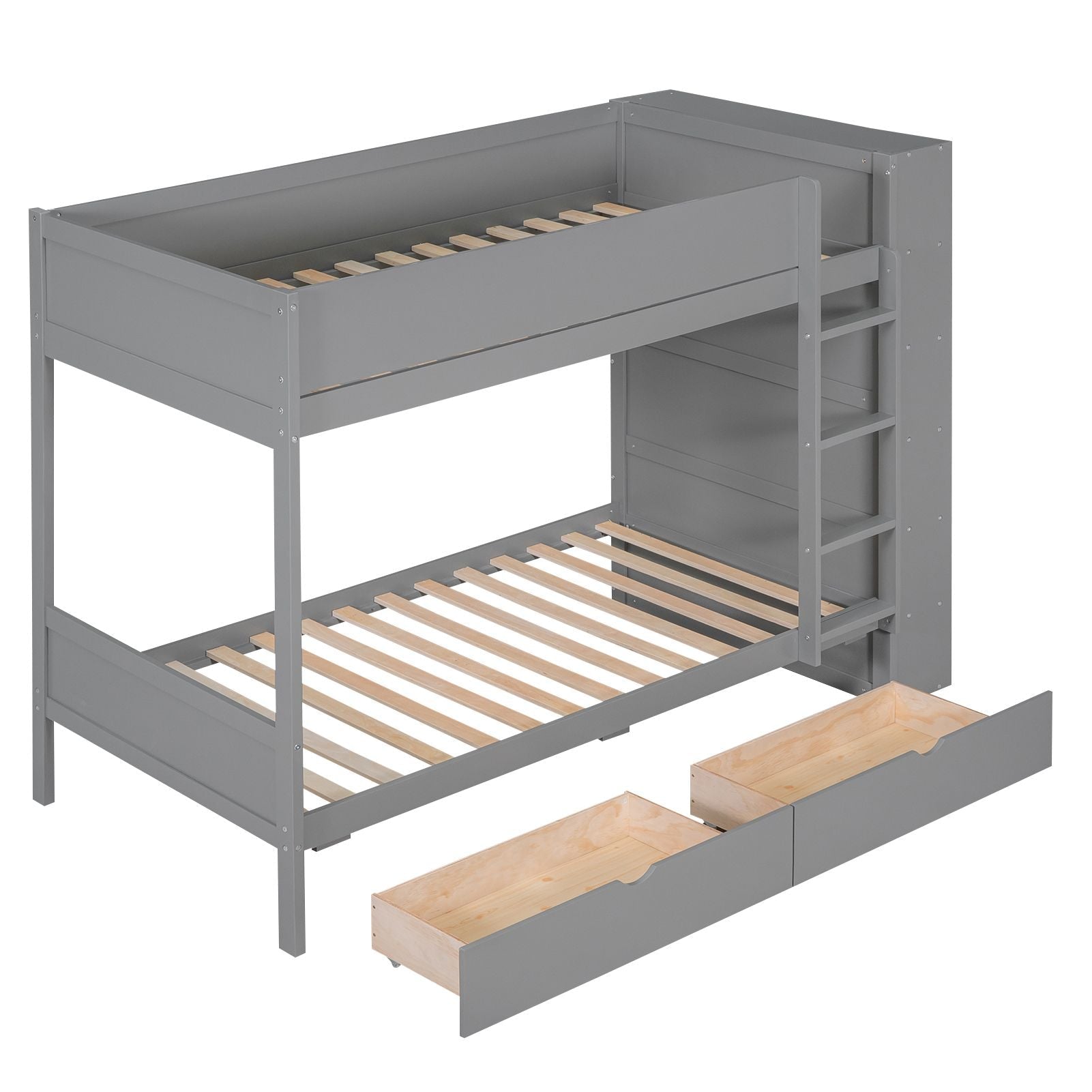 Kids Shared Room Twin Over Twin Wood Bunk Bed with 2 Drawers and Multi-layer Cabinet, Gray | Just Better Bunk Beds