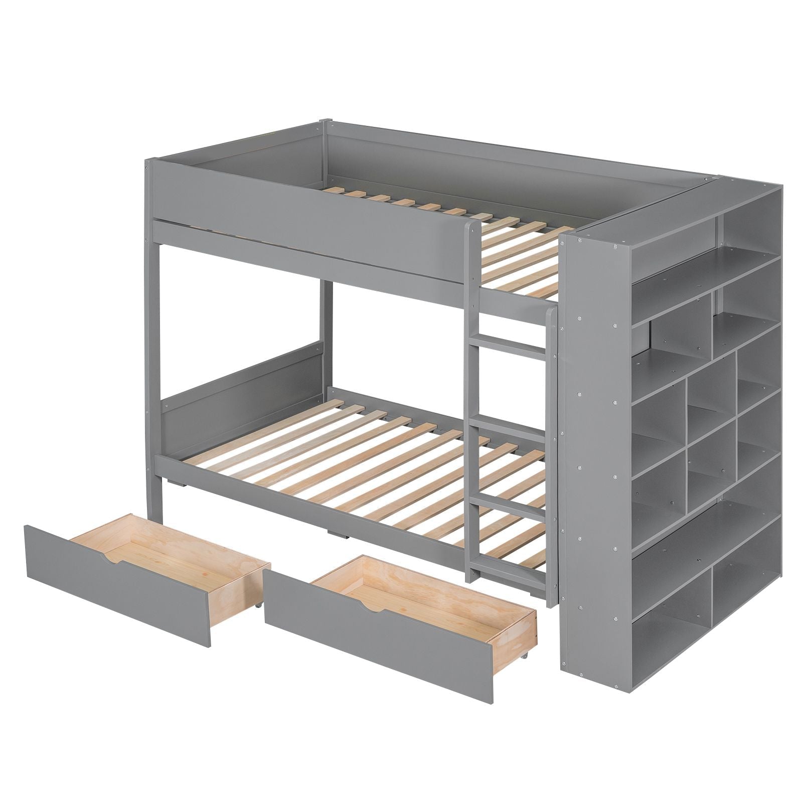 Kids Shared Room Twin Over Twin Wood Bunk Bed with 2 Drawers and Multi-layer Cabinet, Gray | Just Better Bunk Beds