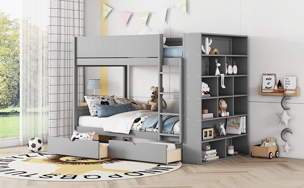 Kids Shared Room Twin Over Twin Wood Bunk Bed with 2 Drawers and Multi-layer Cabinet, Gray | Just Better Bunk Beds