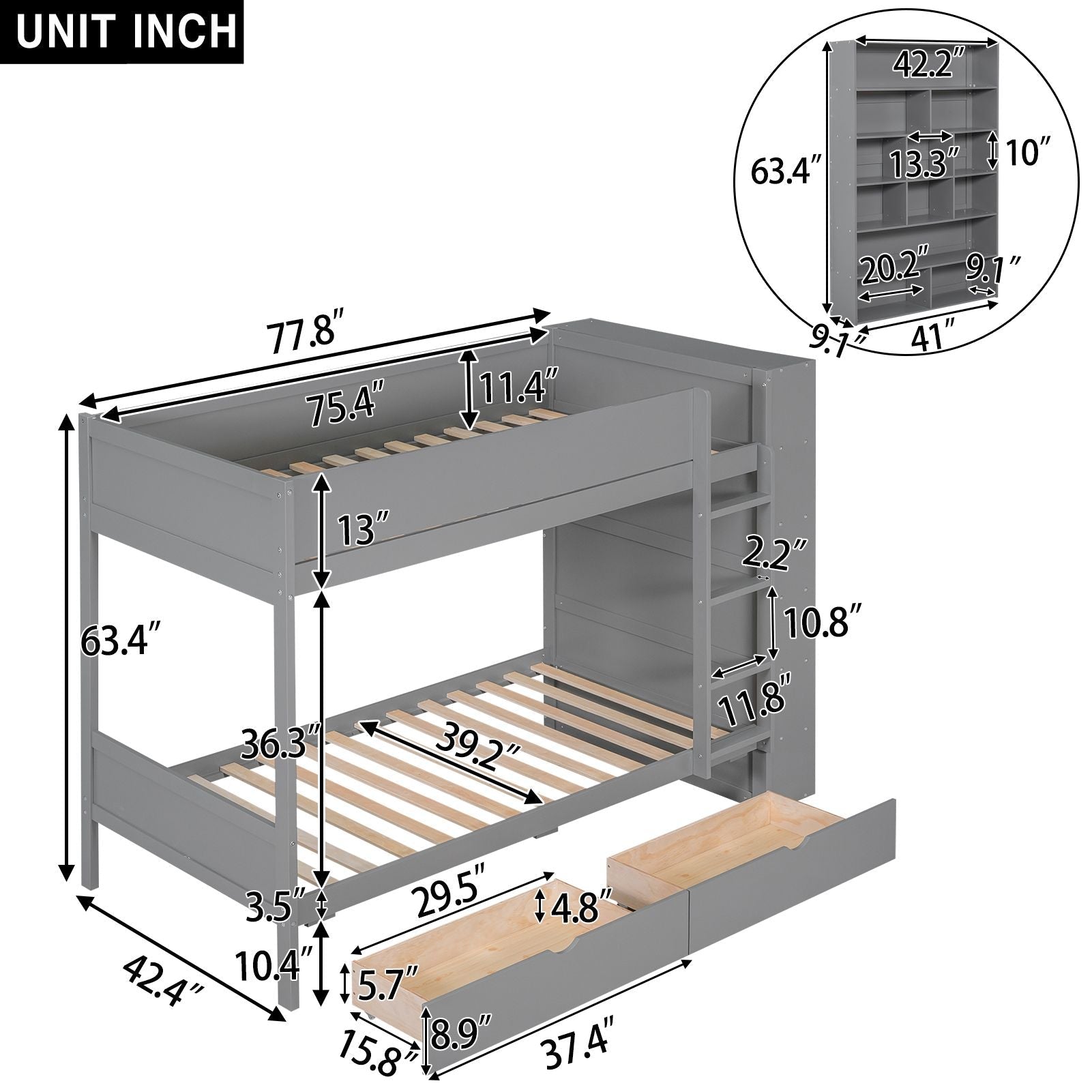 Kids Shared Room Twin Over Twin Wood Bunk Bed with 2 Drawers and Multi-layer Cabinet, Gray | Just Better Bunk Beds