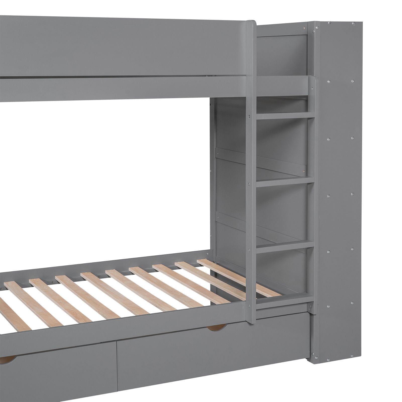 Kids Shared Room Twin Over Twin Wood Bunk Bed with 2 Drawers and Multi-layer Cabinet, Gray | Just Better Bunk Beds