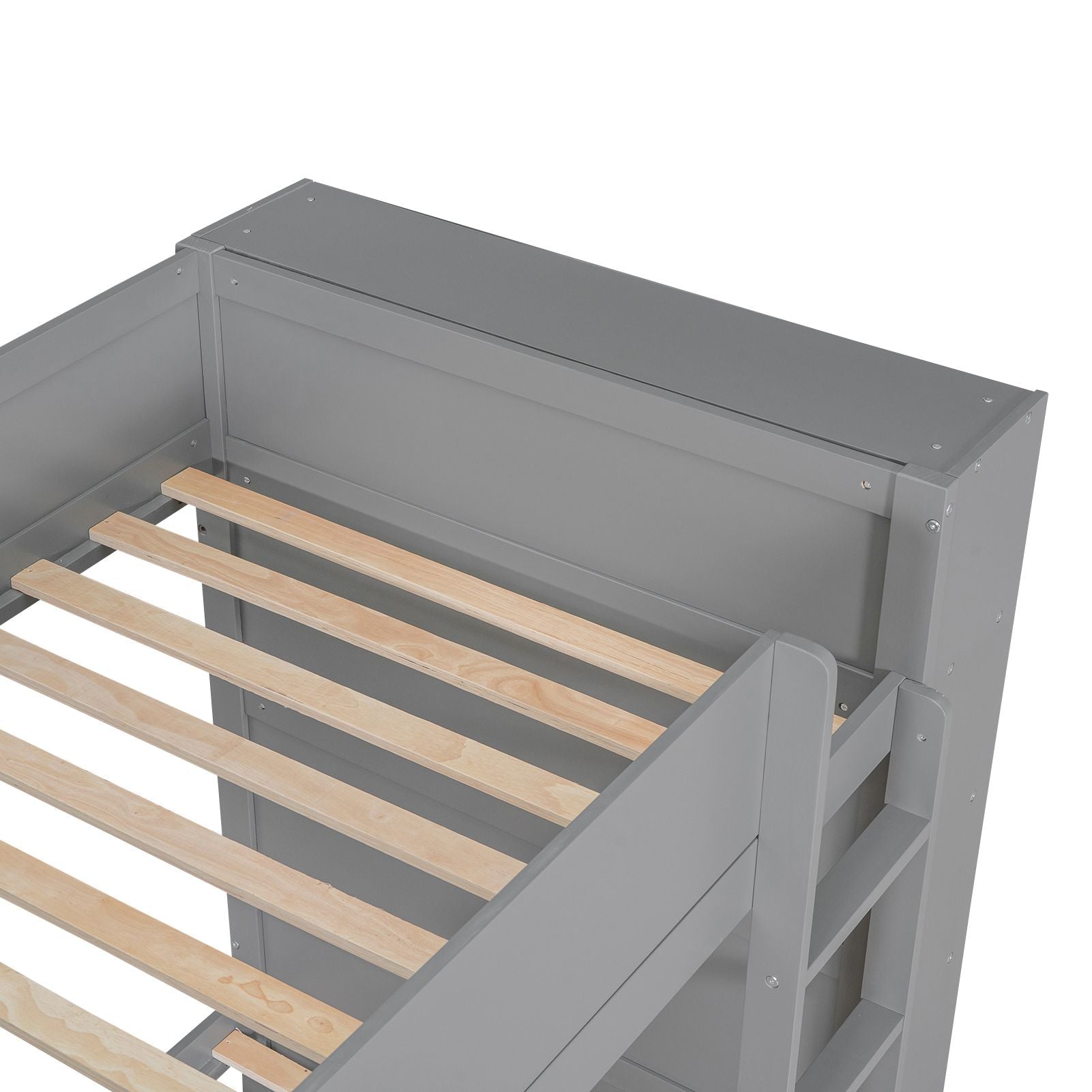 Kids Shared Room Twin Over Twin Wood Bunk Bed with 2 Drawers and Multi-layer Cabinet, Gray | Just Better Bunk Beds