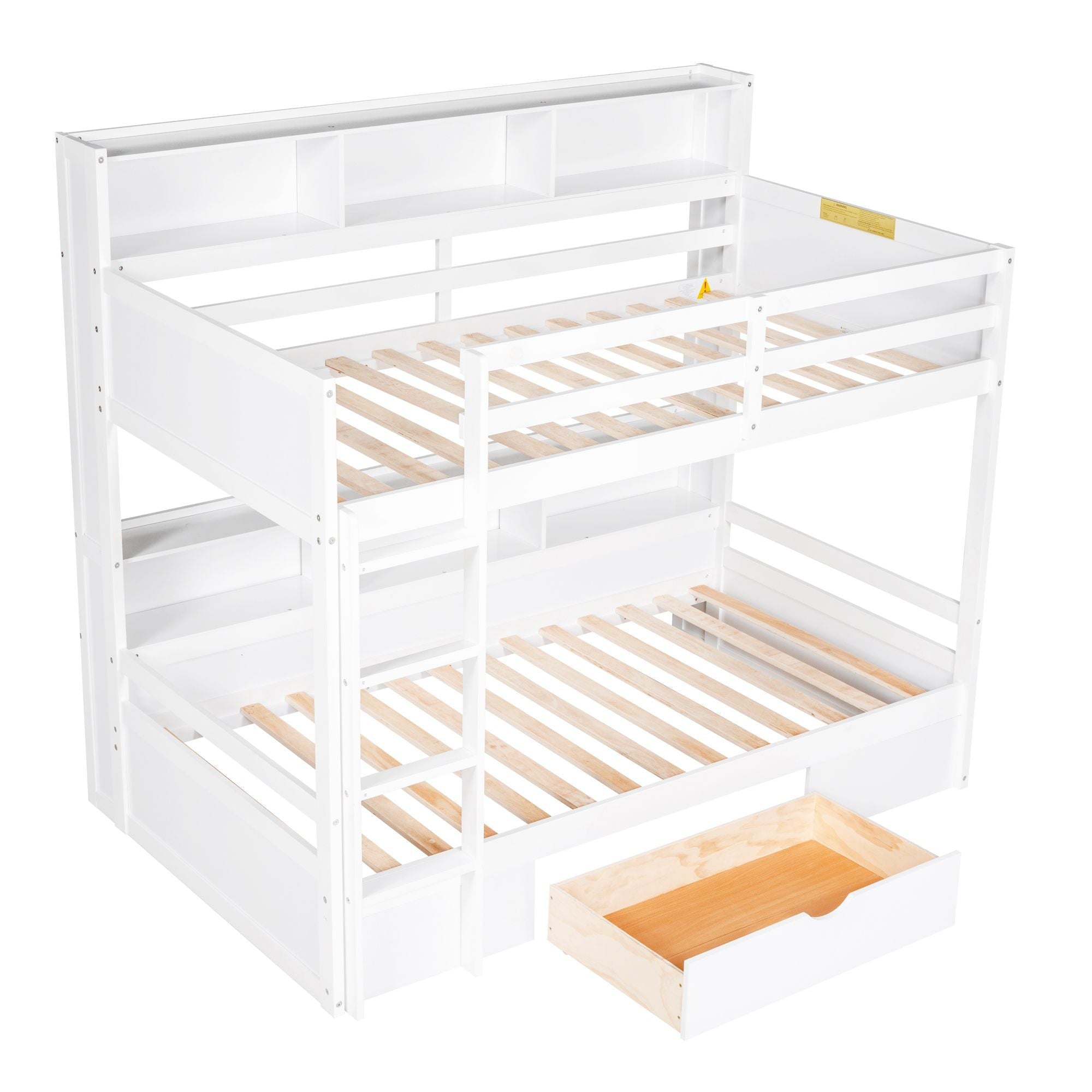 Kids Shared Room Twin Over Twin Wood Bunk Bed with Built-In Shelves and Storage Drawer, White or Gray | Just Better Bunk Beds