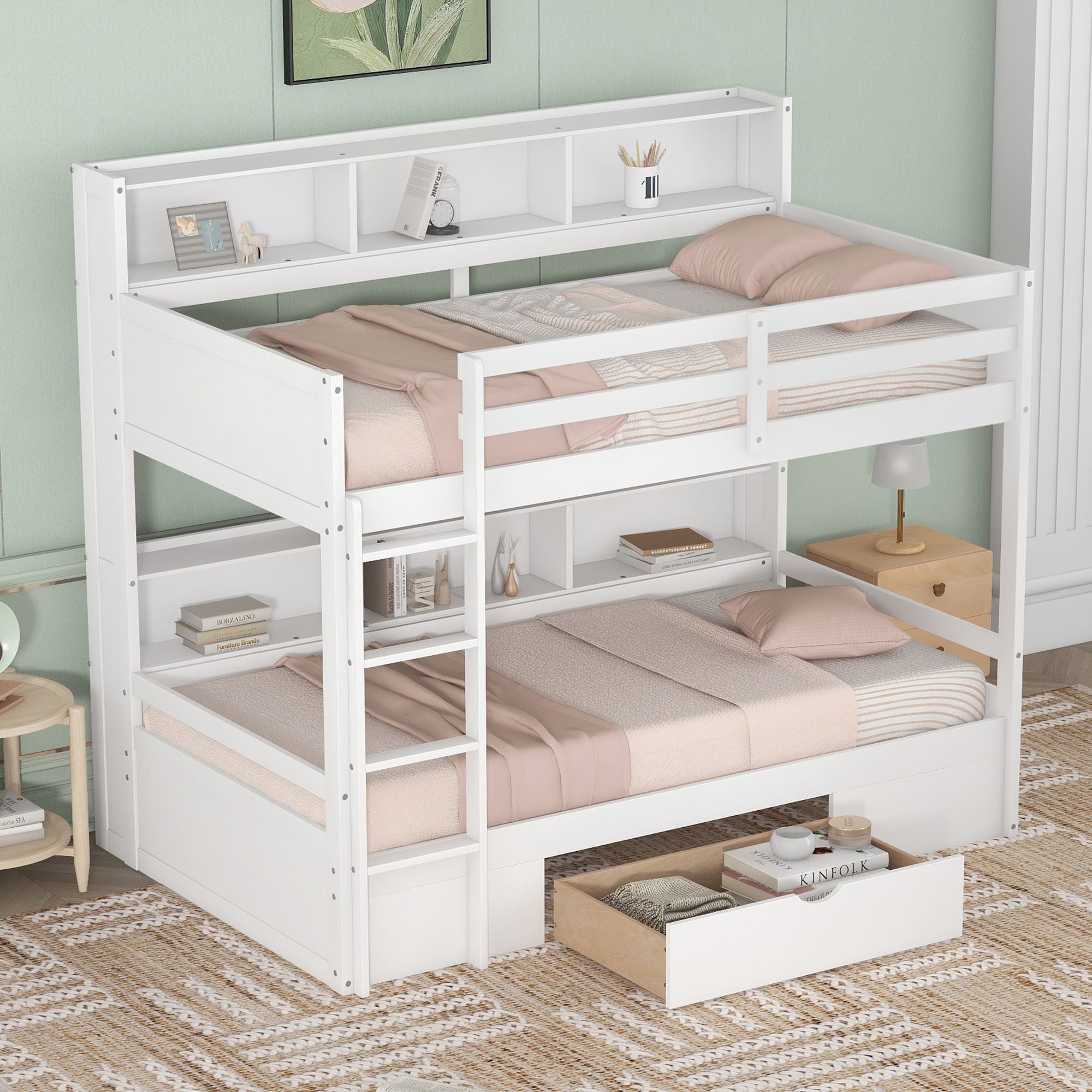 Kids Shared Room Twin Over Twin Wood Bunk Bed with Built-In Shelves and Storage Drawer, White or Gray | Just Better Bunk Beds