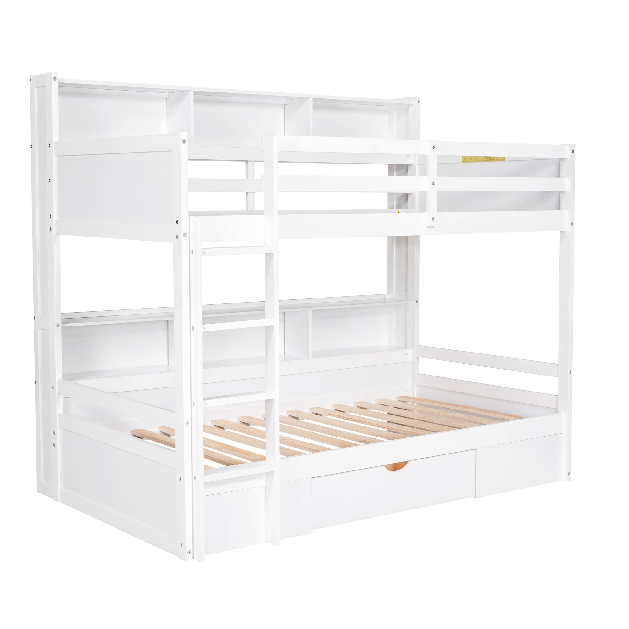 Kids Shared Room Twin Over Twin Wood Bunk Bed with Built-In Shelves and Storage Drawer, White or Gray | Just Better Bunk Beds