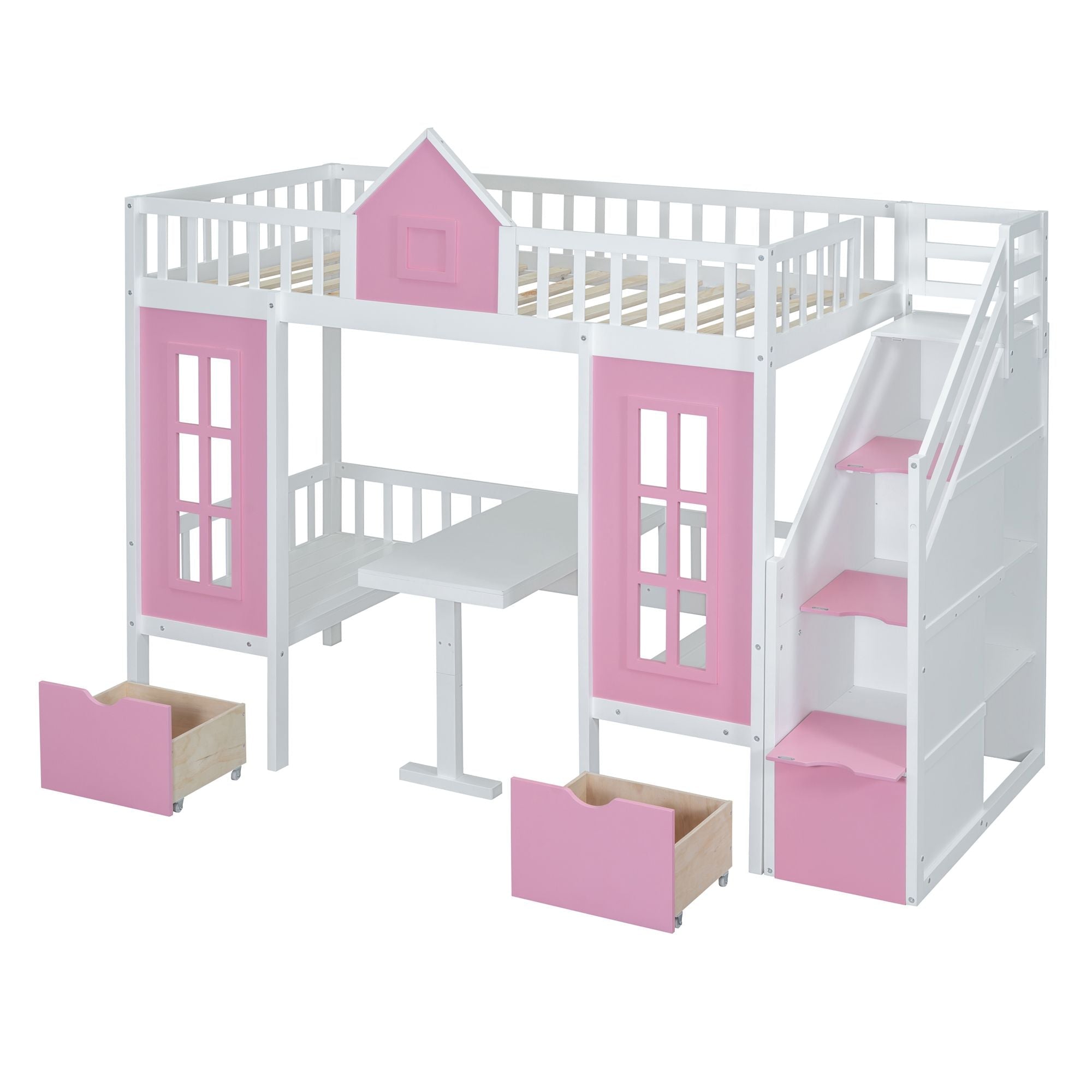 Kids Shared Room Twin Over Twin Wood Bunk Bed with Convertible Desk and Pink Finish | Just Better Bunk Beds