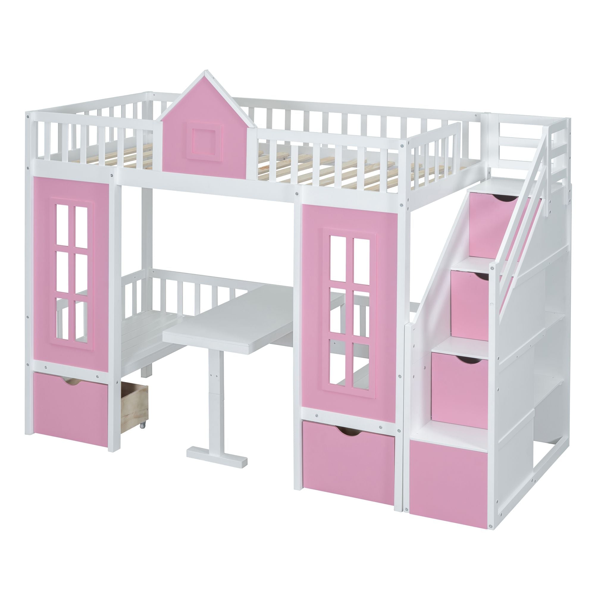 Kids Shared Room Twin Over Twin Wood Bunk Bed with Convertible Desk and Pink Finish | Just Better Bunk Beds