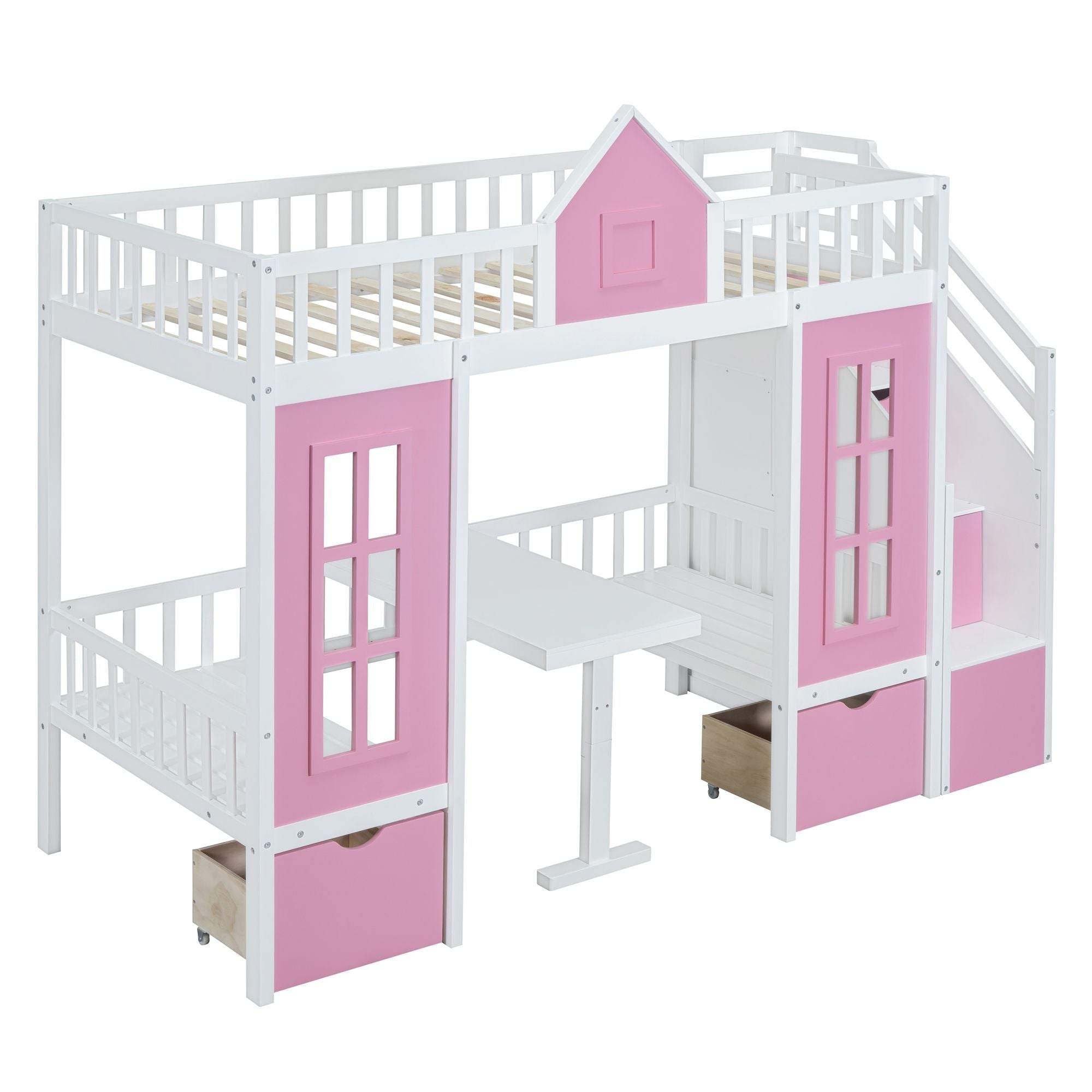 Kids Shared Room Twin Over Twin Wood Bunk Bed with Convertible Desk, Pink | Just Better Bunk Beds