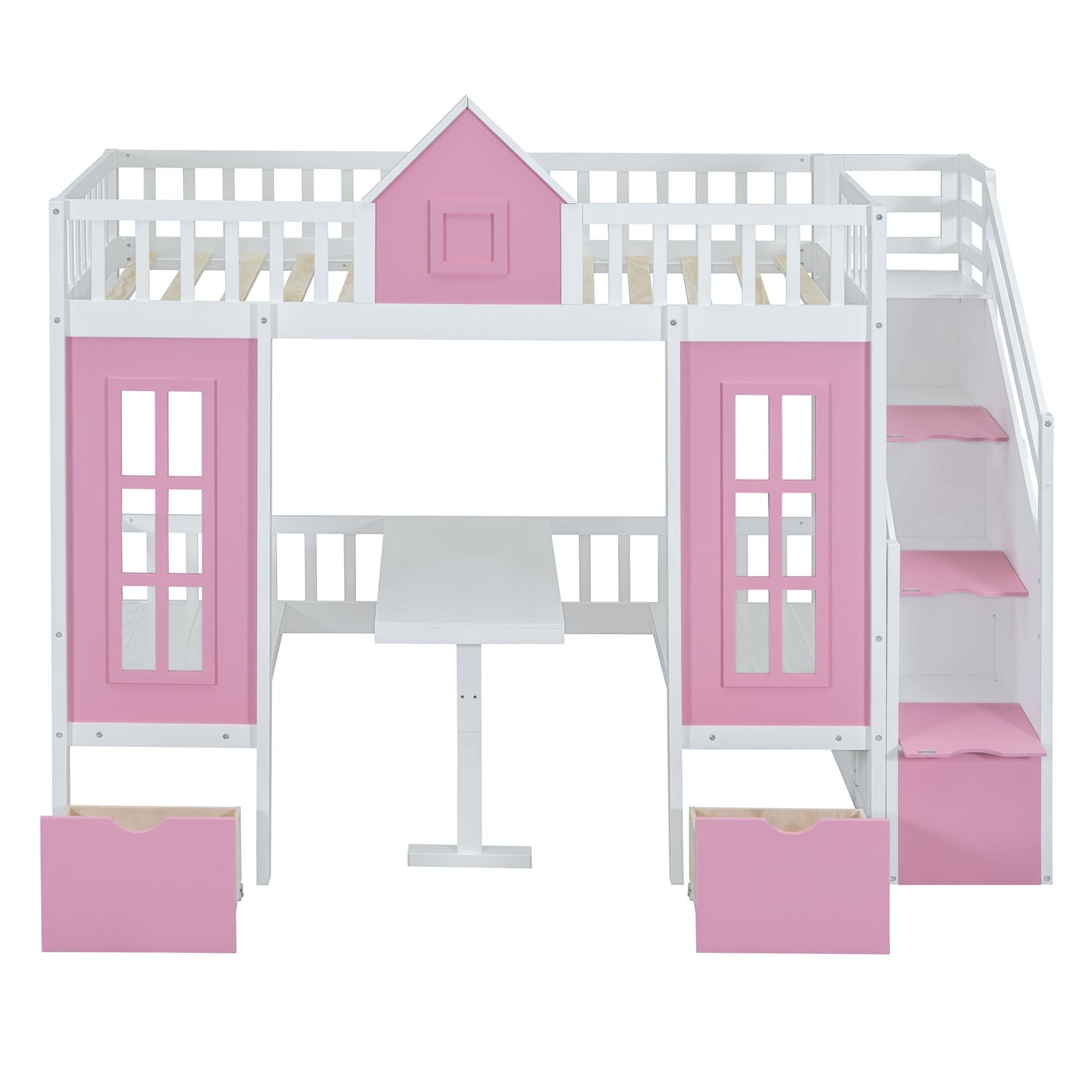 Kids Shared Room Twin Over Twin Wood Bunk Bed with Convertible Desk, Pink | Just Better Bunk Beds