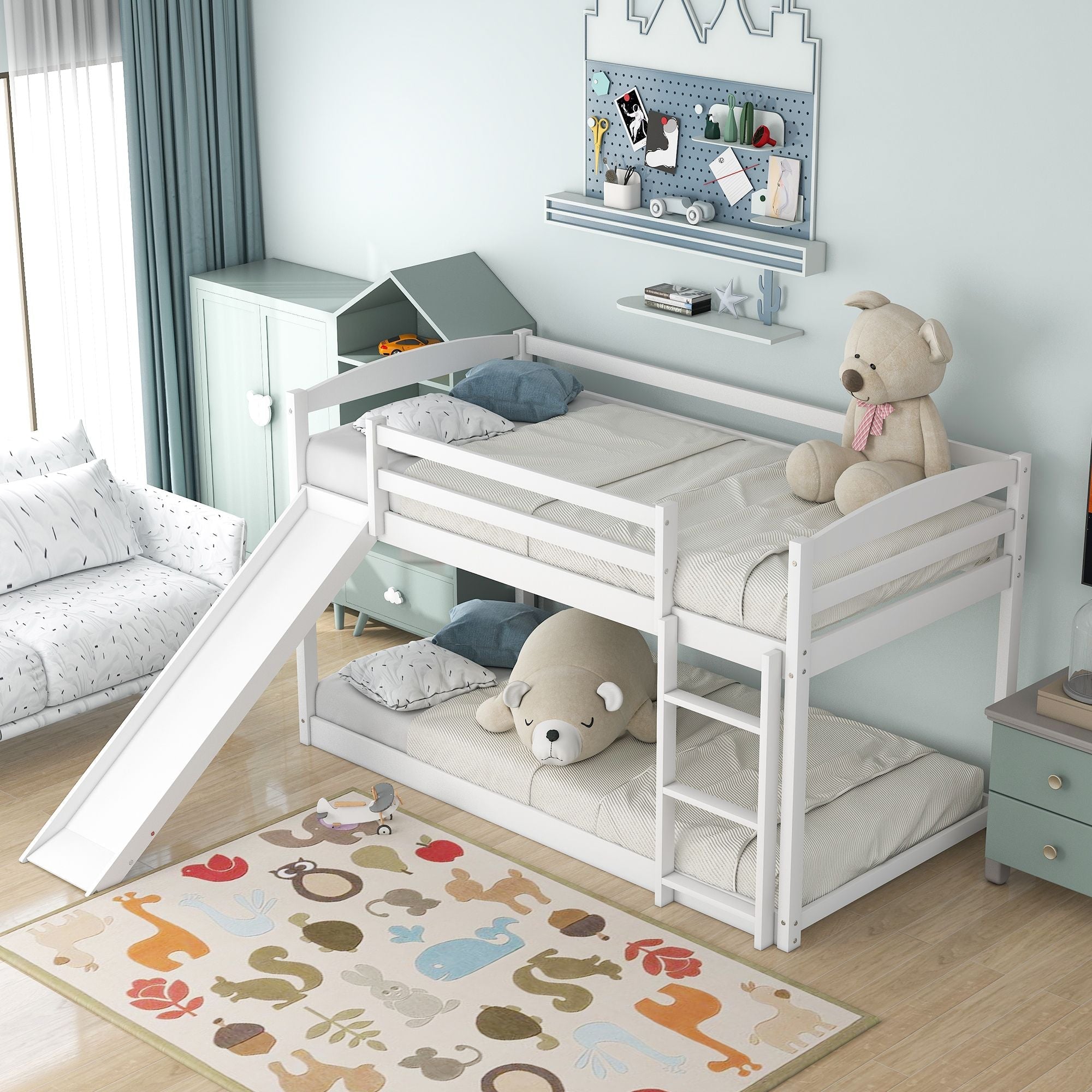 Kids Shared Room Twin over Twin Wood Bunk Bed with Convertible Slide and Ladder Gray | Just Better Bunk Beds