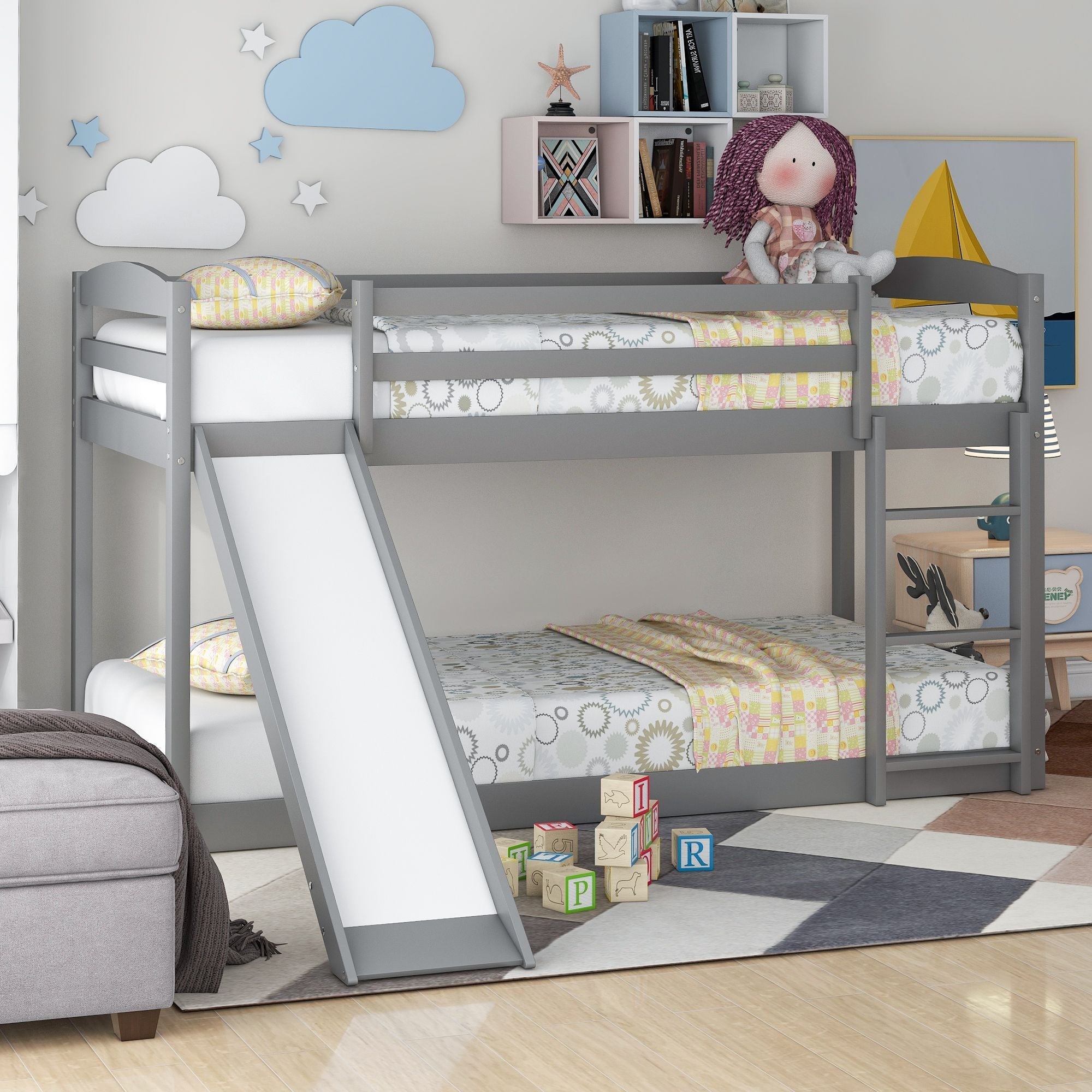 Kids Shared Room Twin over Twin Wood Bunk Bed with Convertible Slide and Ladder Gray | Just Better Bunk Beds