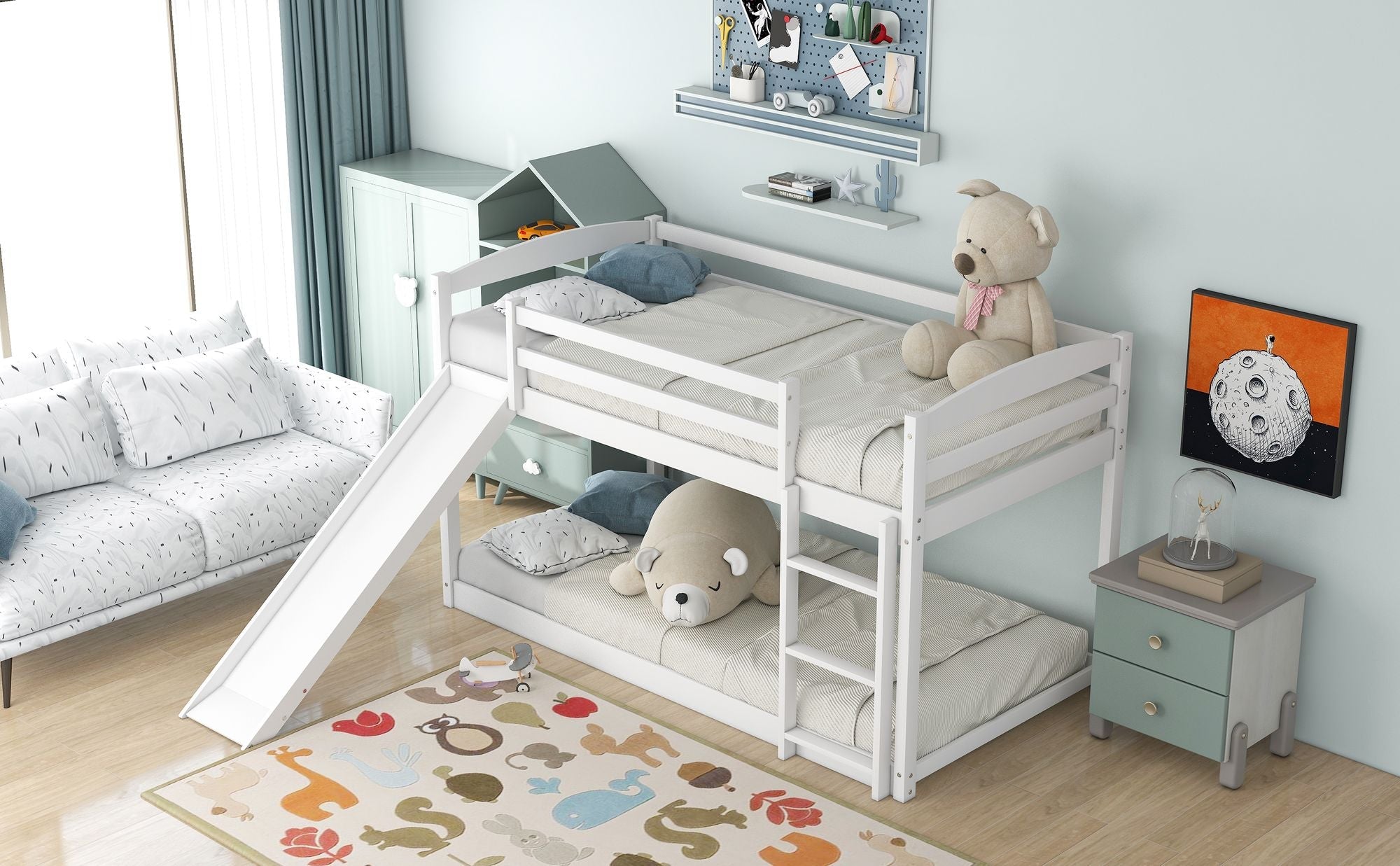 Kids Shared Room Twin over Twin Wood Bunk Bed with Convertible Slide and Ladder Gray | Just Better Bunk Beds