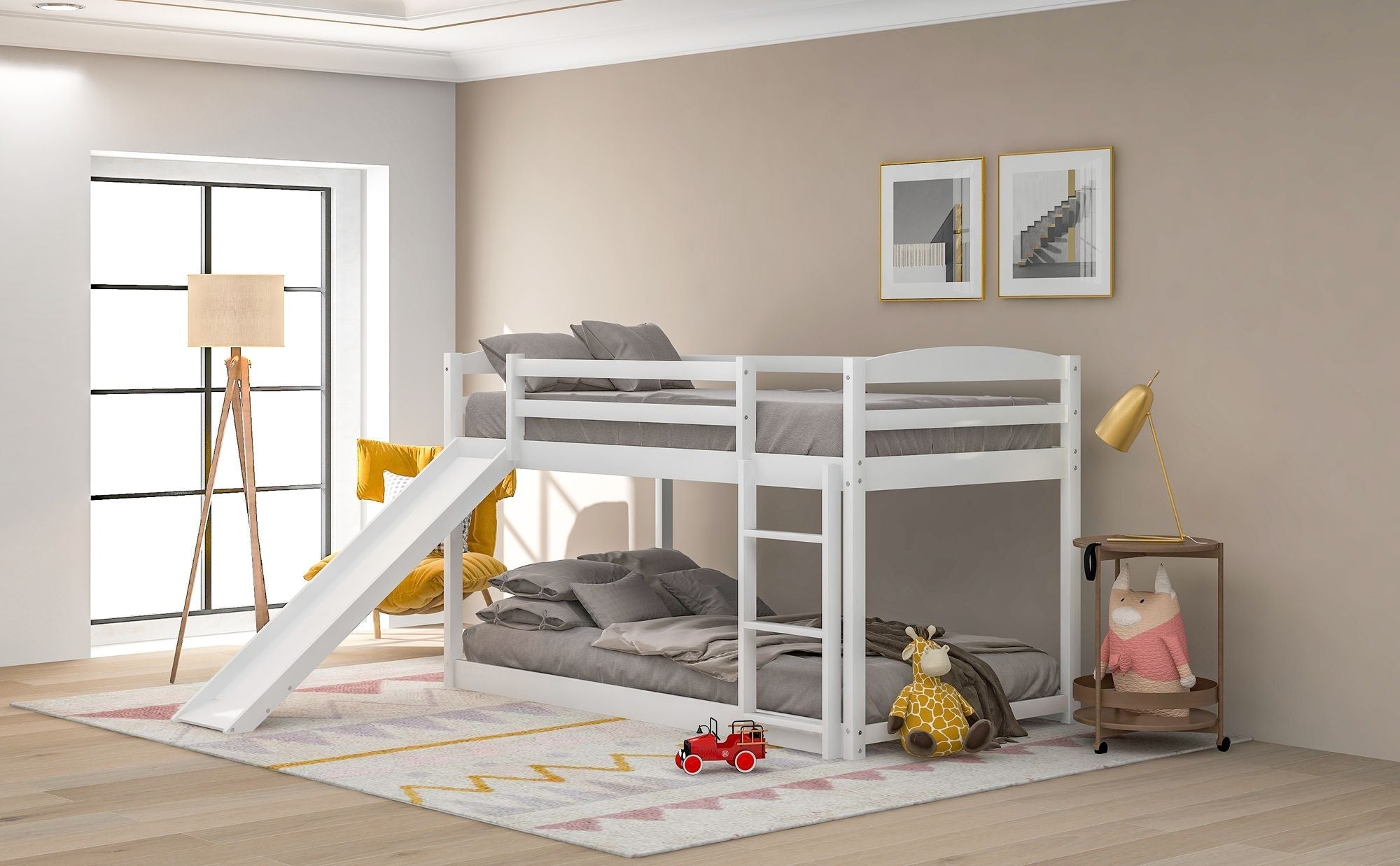 Kids Shared Room Twin over Twin Wood Bunk Bed with Convertible Slide and Ladder Gray | Just Better Bunk Beds
