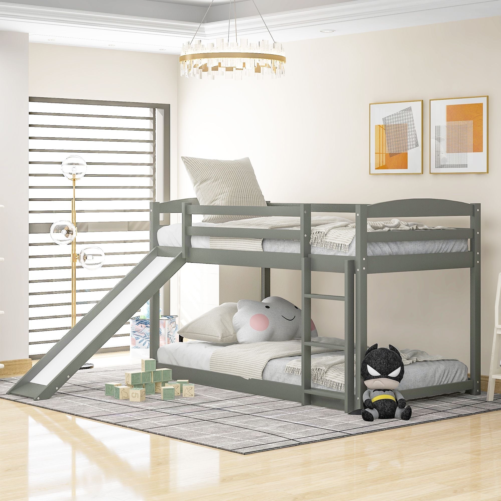 Kids Shared Room Twin over Twin Wood Bunk Bed with Convertible Slide and Ladder Gray | Just Better Bunk Beds