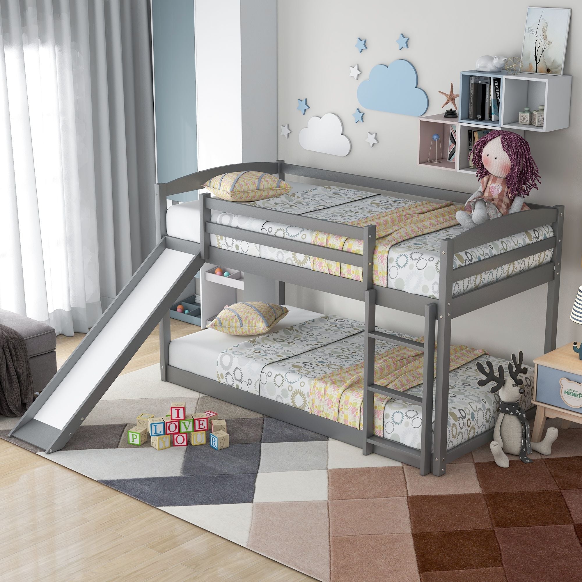 Kids Shared Room Twin over Twin Wood Bunk Bed with Convertible Slide and Ladder Gray | Just Better Bunk Beds