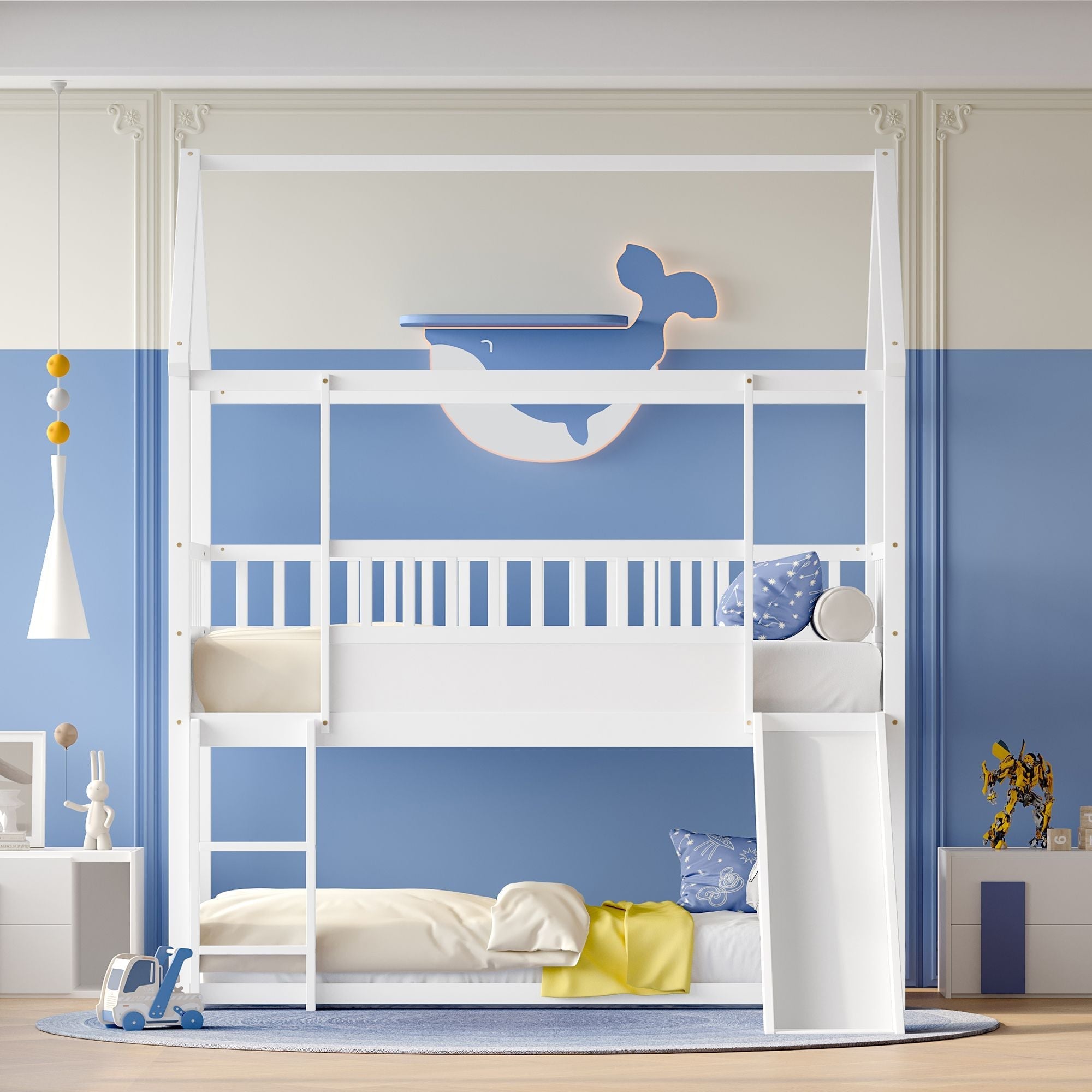 Kids Shared Room Twin Over Twin Wood Bunk Bed with Convertible Slide, Guardrails, White | Just Better Bunk Beds