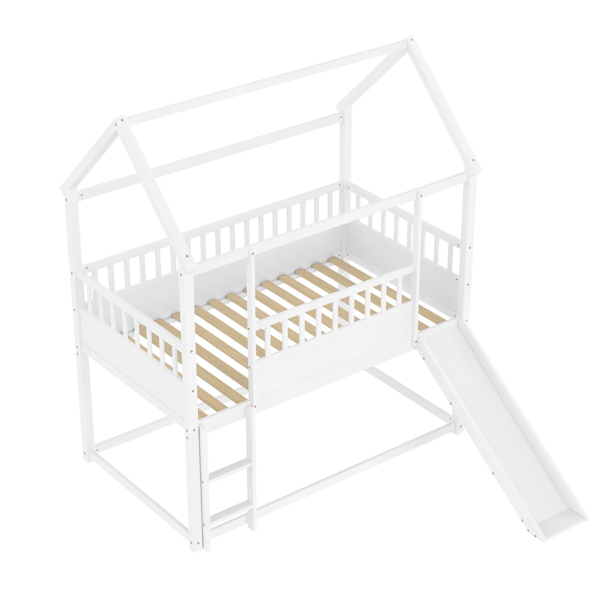 Kids Shared Room Twin Over Twin Wood Bunk Bed with Convertible Slide, Guardrails, White | Just Better Bunk Beds