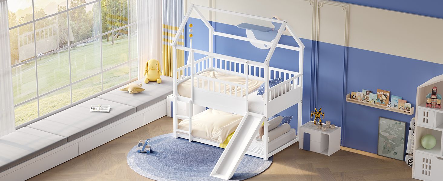 Kids Shared Room Twin Over Twin Wood Bunk Bed with Convertible Slide, Guardrails, White | Just Better Bunk Beds