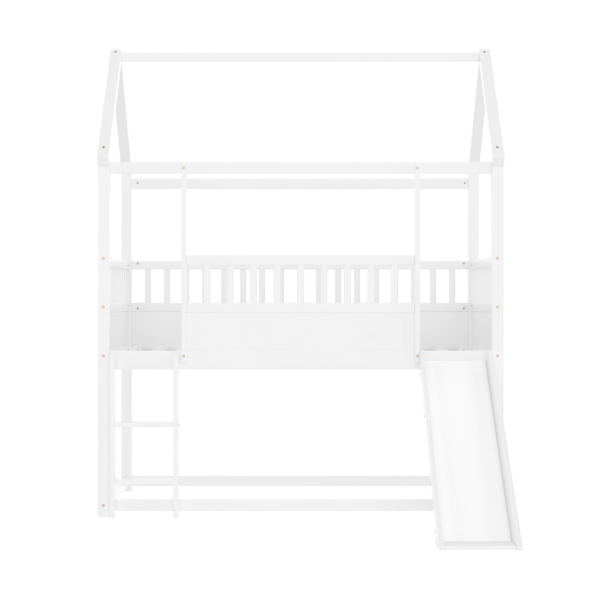 Kids Shared Room Twin Over Twin Wood Bunk Bed with Convertible Slide, Guardrails, White | Just Better Bunk Beds