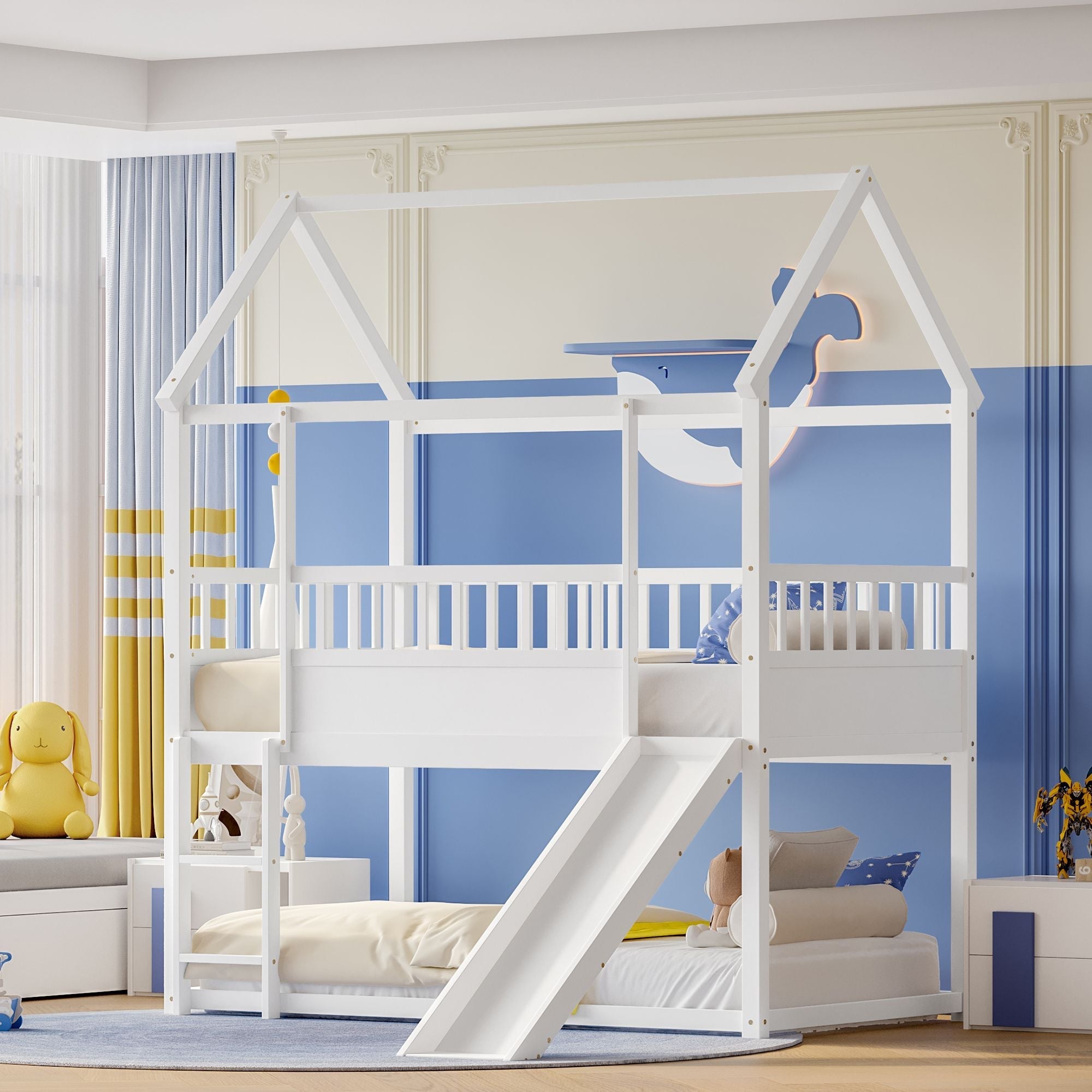 Kids Shared Room Twin Over Twin Wood Bunk Bed with Convertible Slide, Guardrails, White | Just Better Bunk Beds