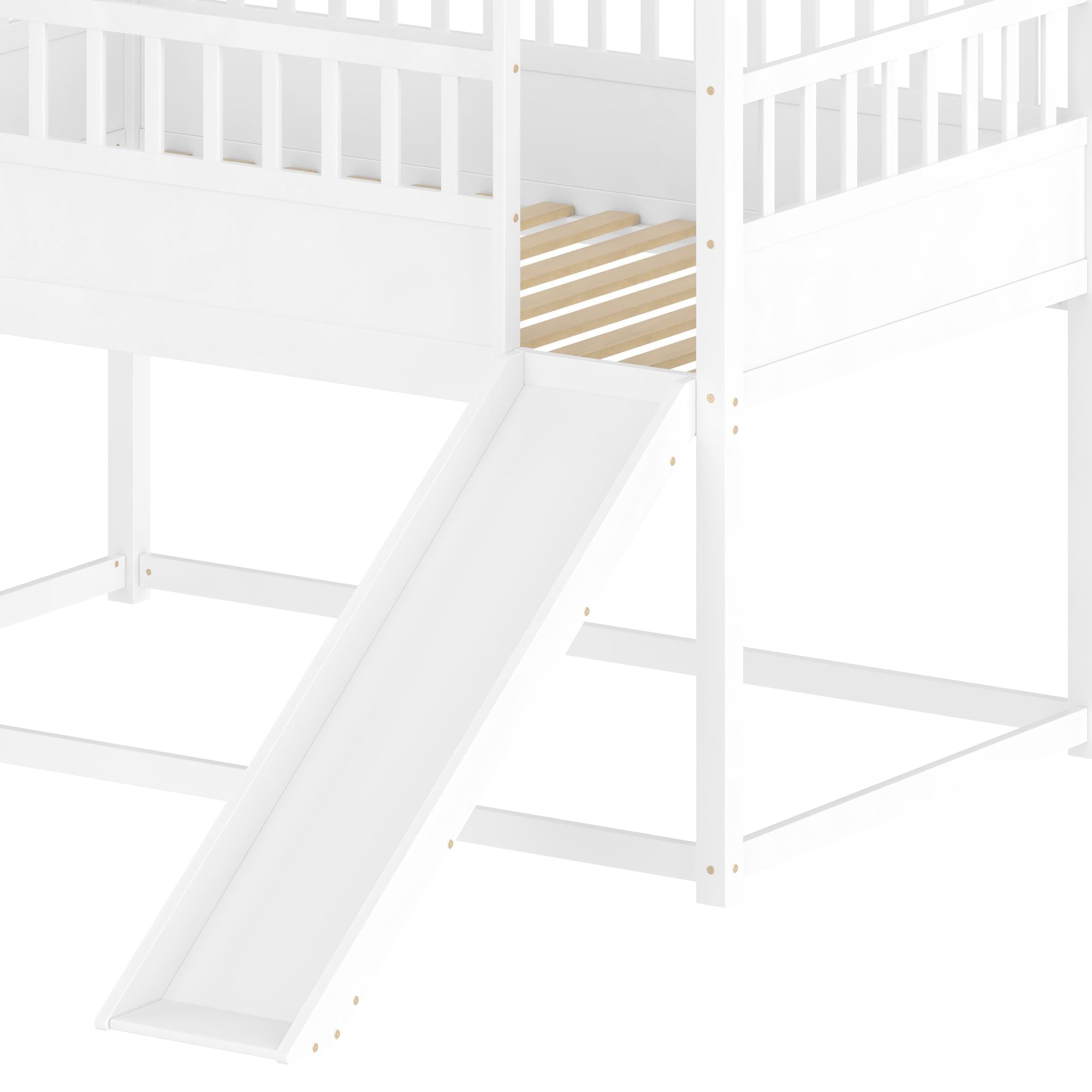 Kids Shared Room Twin Over Twin Wood Bunk Bed with Convertible Slide, Guardrails, White | Just Better Bunk Beds