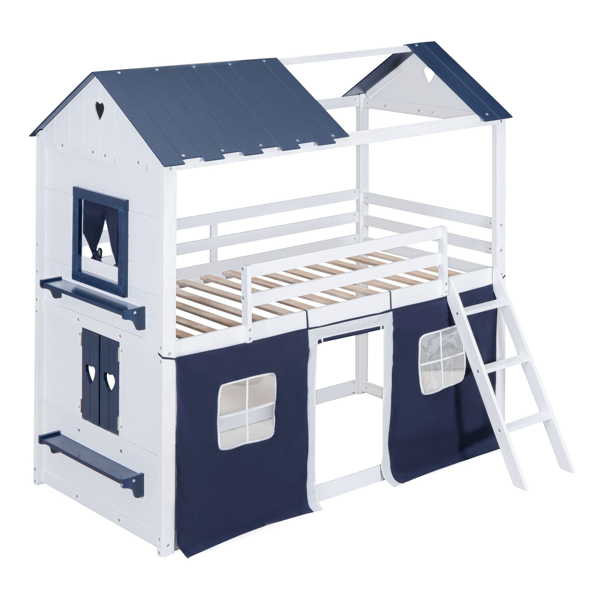 Kids Shared Room Twin Over Twin Wood Bunk Bed with House Design, Windows, Tent, Blue and White | Just Better Bunk Beds