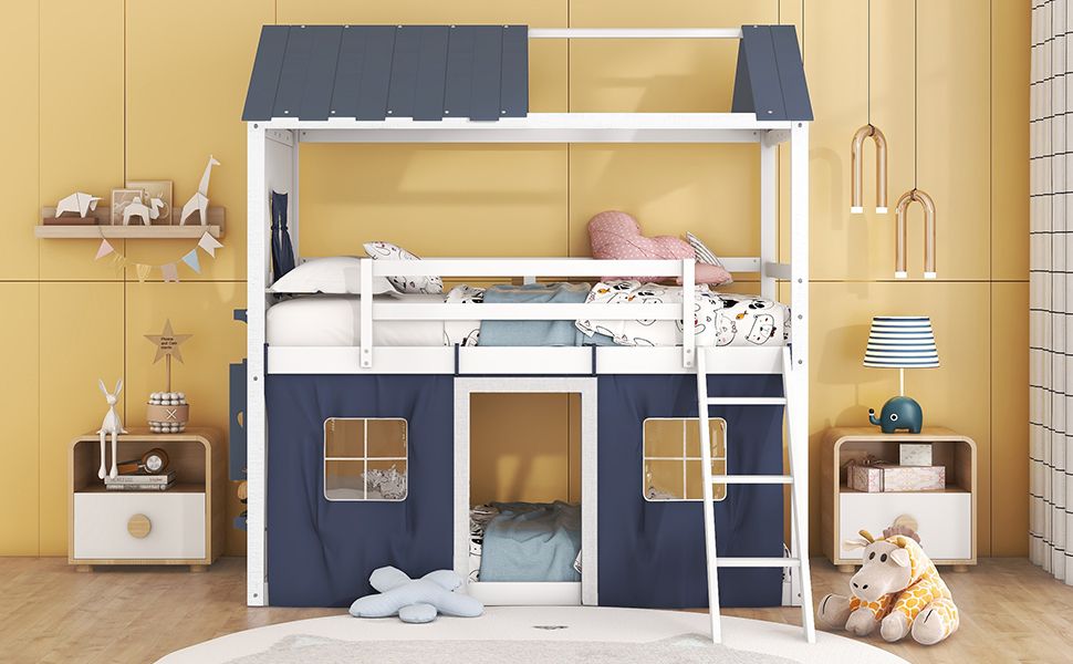 Kids Shared Room Twin Over Twin Wood Bunk Bed with House Design, Windows, Tent, Blue and White | Just Better Bunk Beds