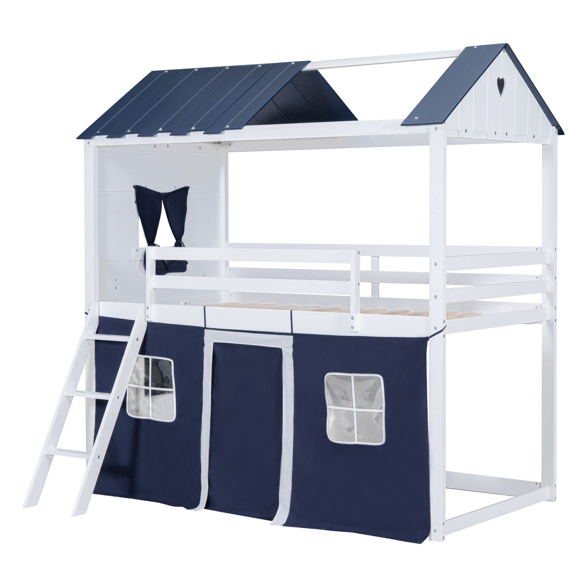 Kids Shared Room Twin Over Twin Wood Bunk Bed with House Design, Windows, Tent, Blue and White | Just Better Bunk Beds