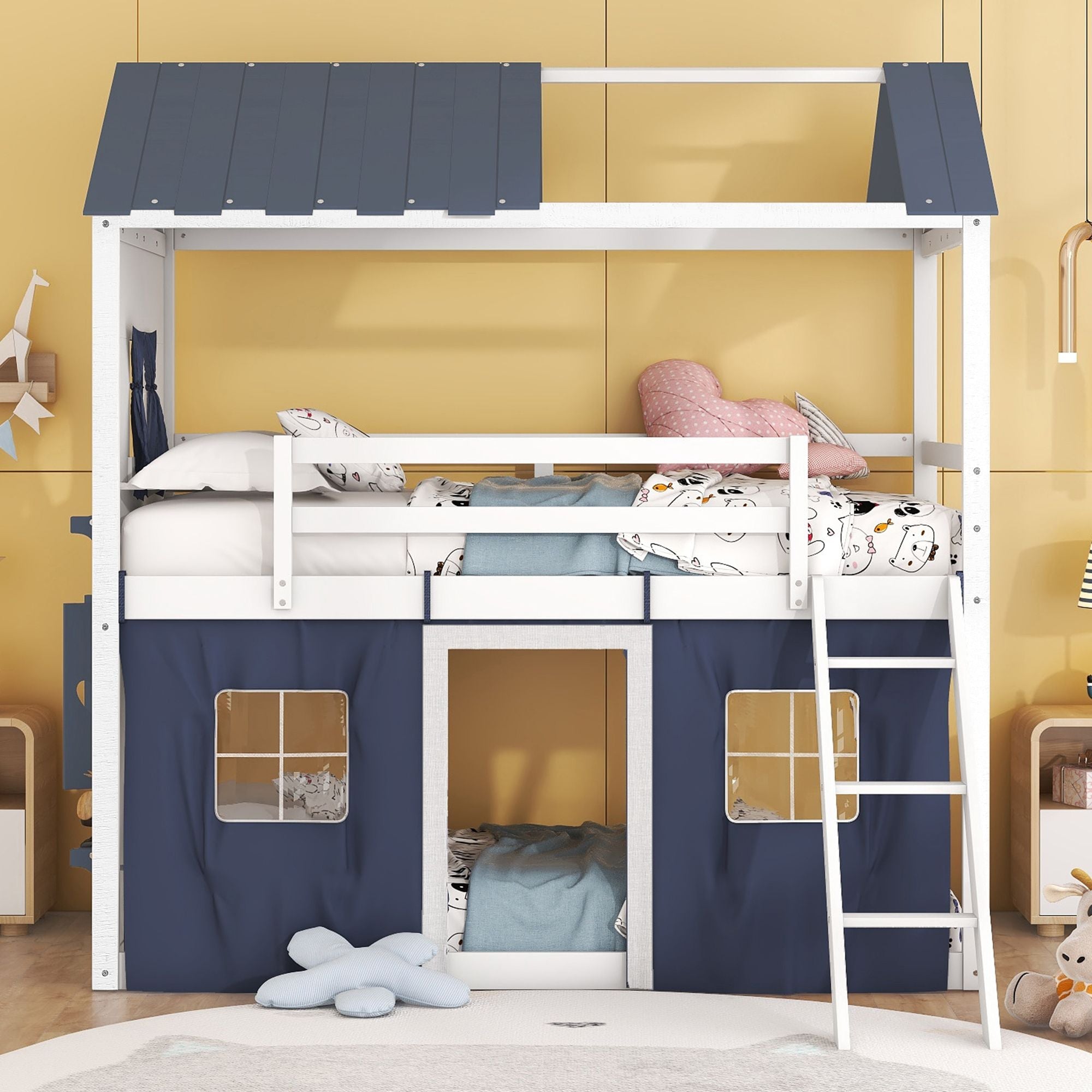 Kids Shared Room Twin Over Twin Wood Bunk Bed with House Design, Windows, Tent, Blue and White | Just Better Bunk Beds