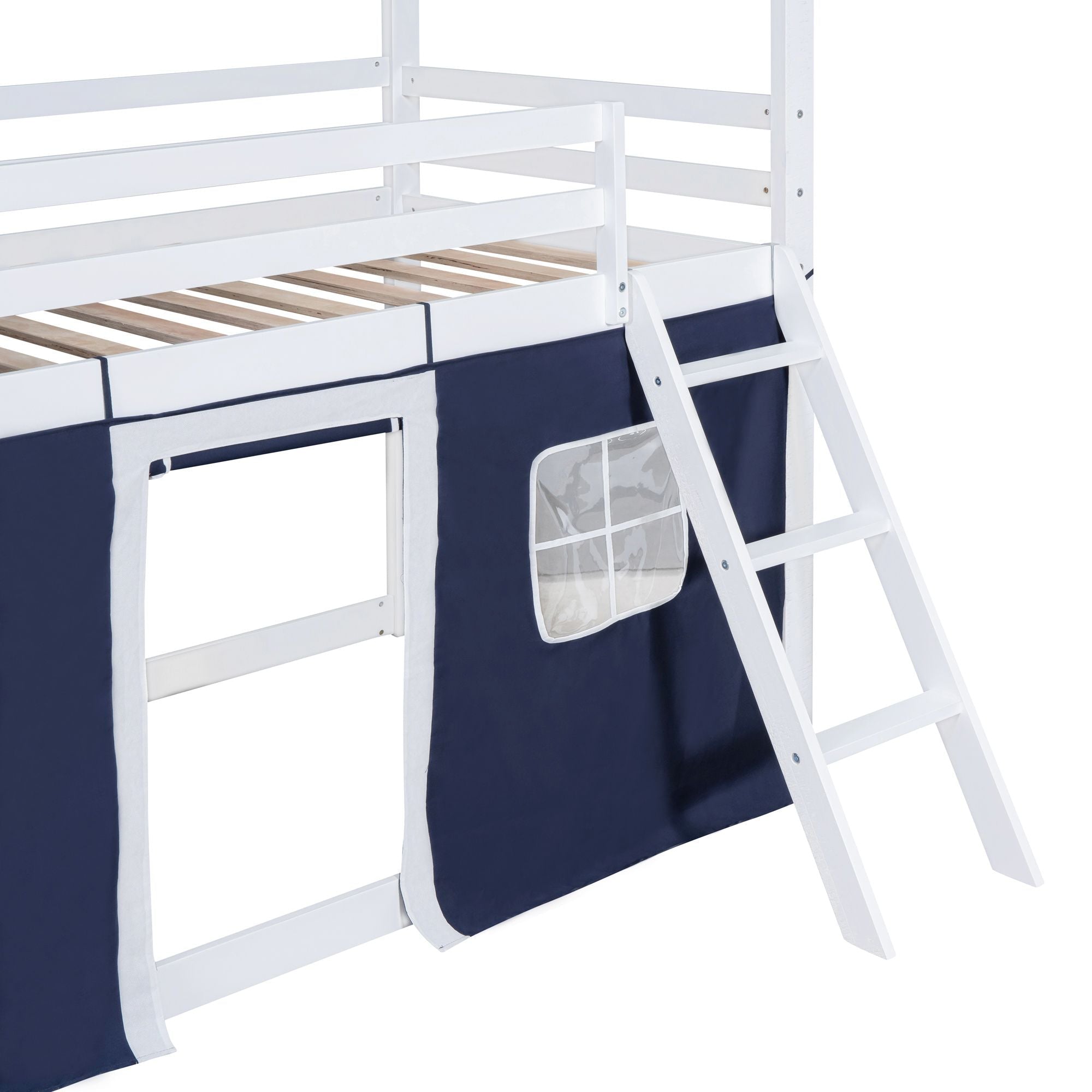 Kids Shared Room Twin Over Twin Wood Bunk Bed with House Design, Windows, Tent, Blue and White | Just Better Bunk Beds