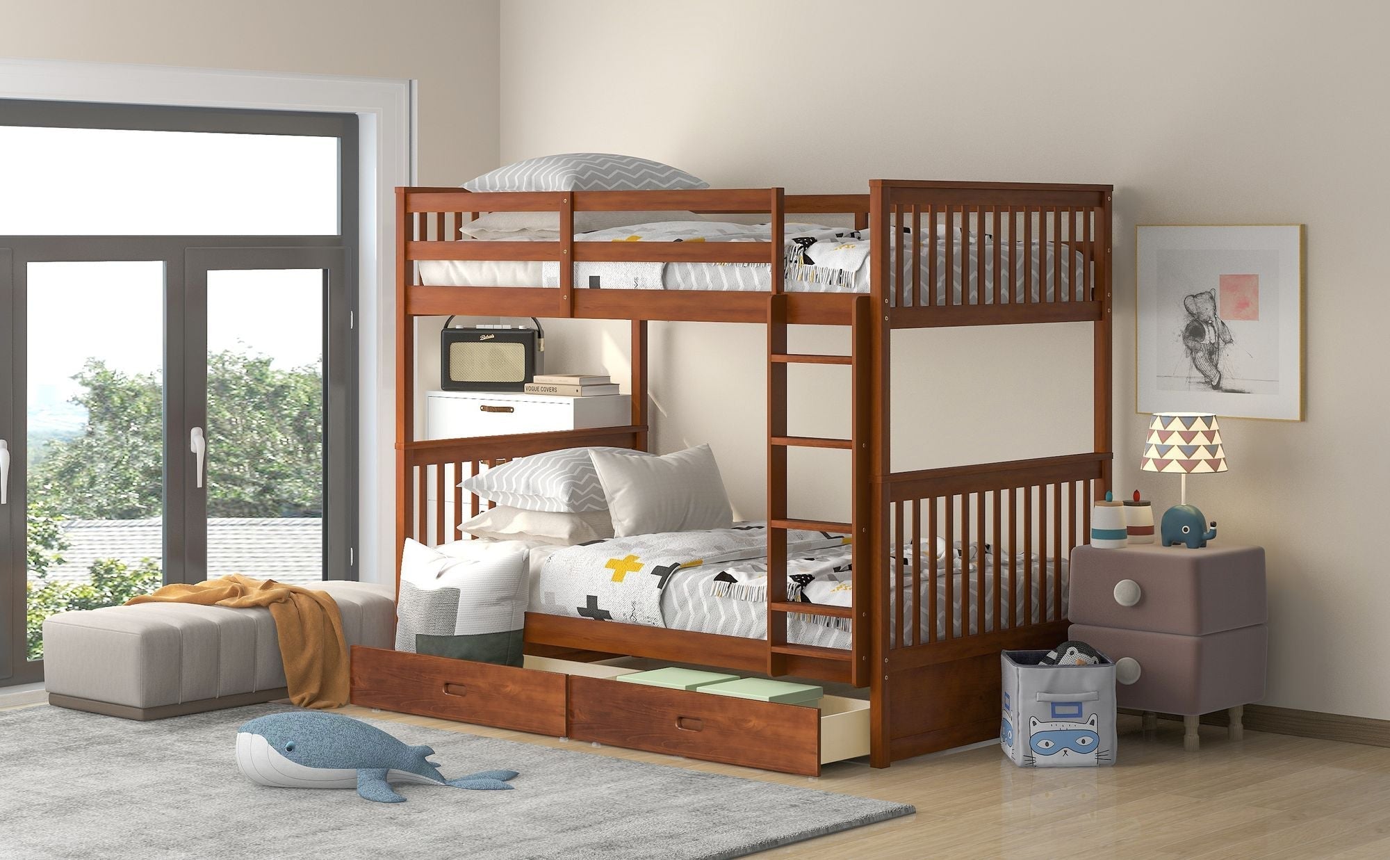 Kids Shared Room Twin Over Twin Wood Bunk Bed with Ladders and Two Storage Drawers Walnut | Just Better Bunk Beds
