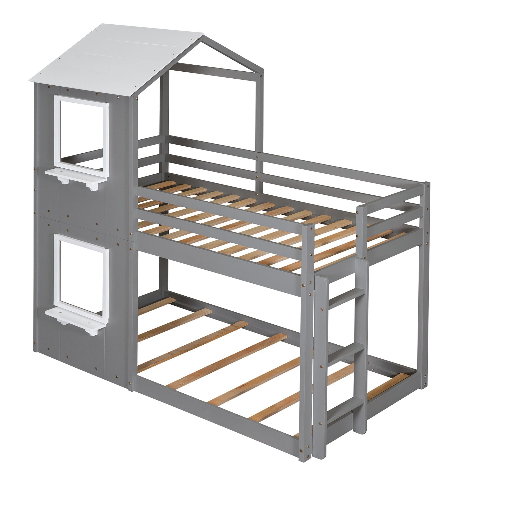 Kids Shared Room Twin Over Twin Wood Bunk Bed with Roof Window Guardrail Ladder White | Just Better Bunk Beds