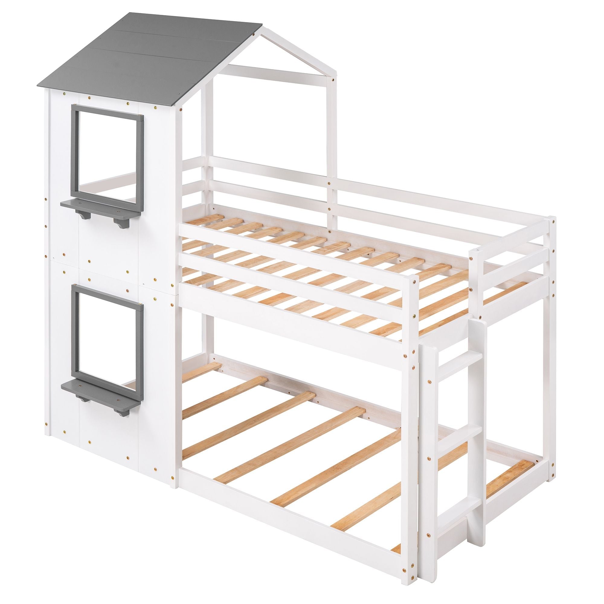 Kids Shared Room Twin Over Twin Wood Bunk Bed with Roof, Window, Guardrails, Ladder in White | Just Better Bunk Beds