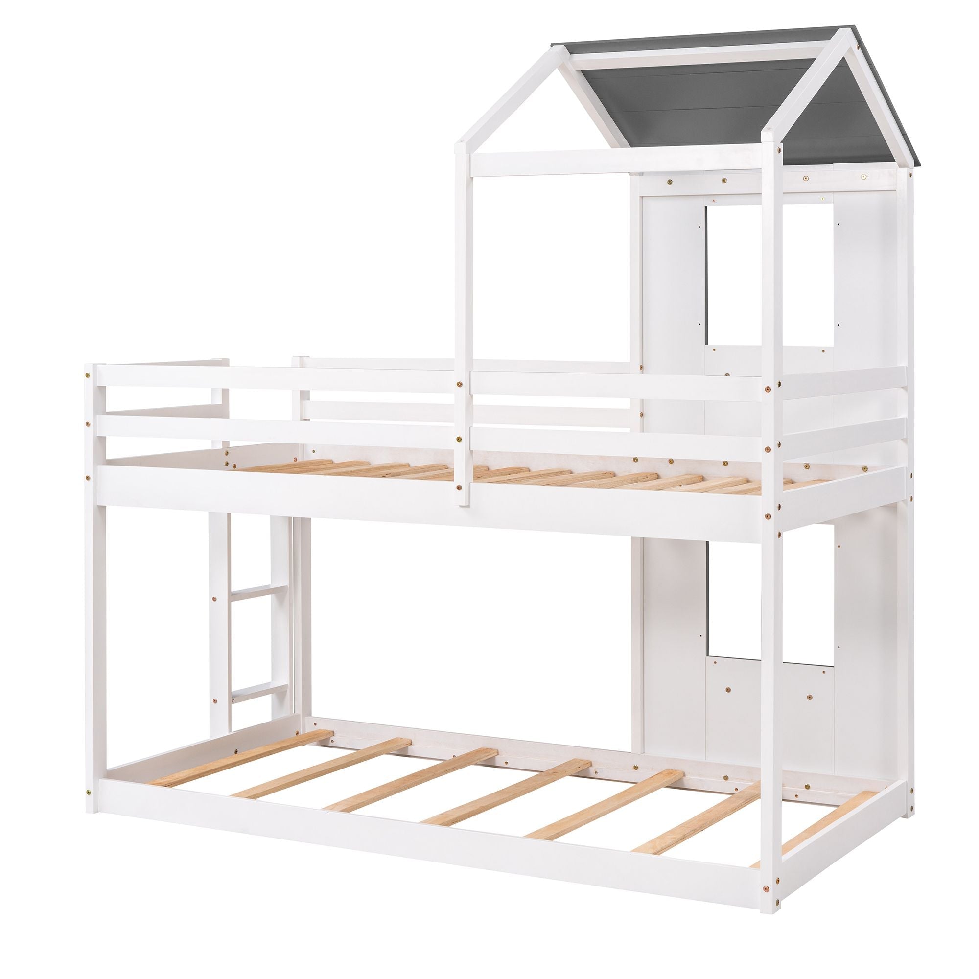 Kids Shared Room Twin Over Twin Wood Bunk Bed with Roof, Window, Guardrails, Ladder in White | Just Better Bunk Beds