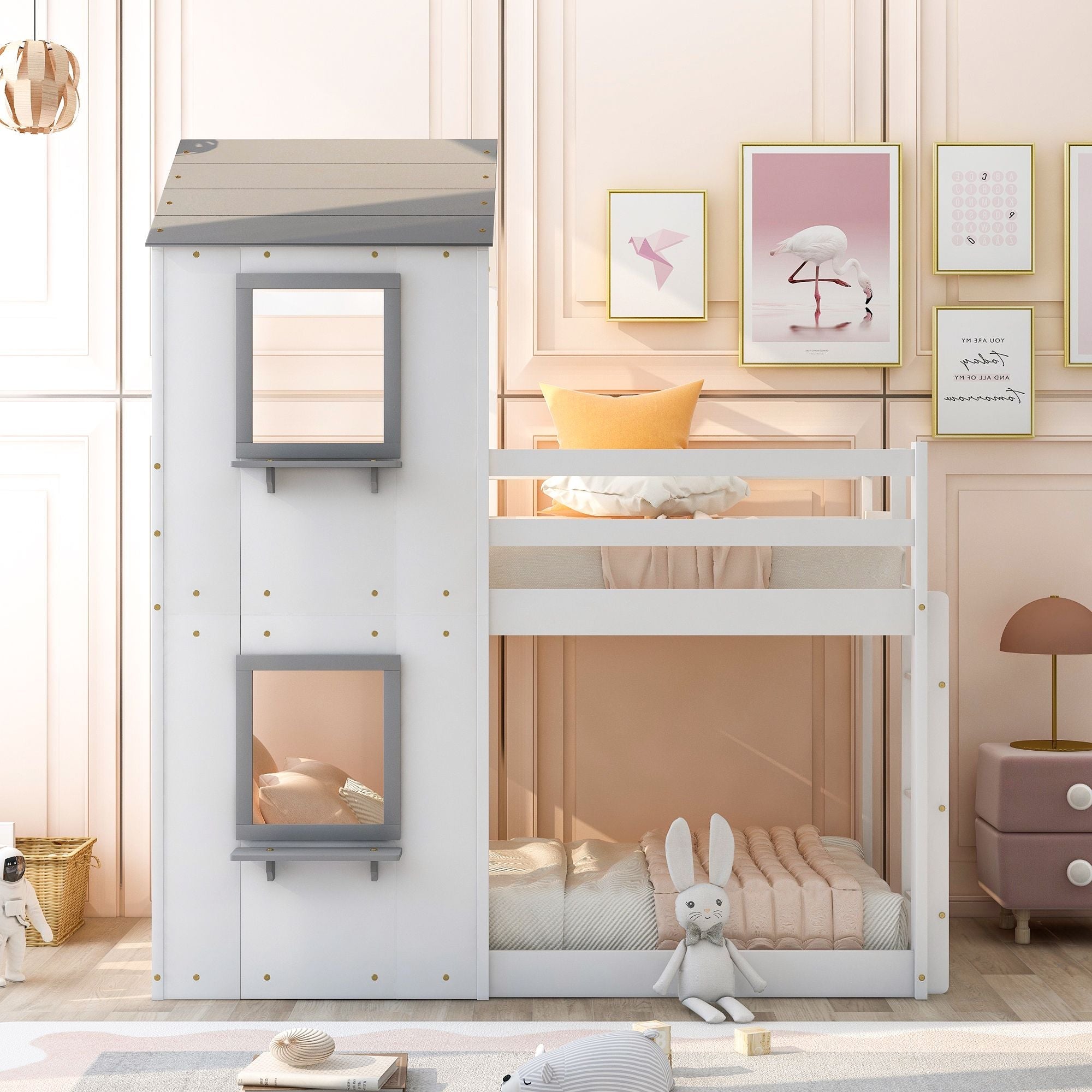 Kids Shared Room Twin Over Twin Wood Bunk Bed with Roof, Window, Guardrails, Ladder in White | Just Better Bunk Beds