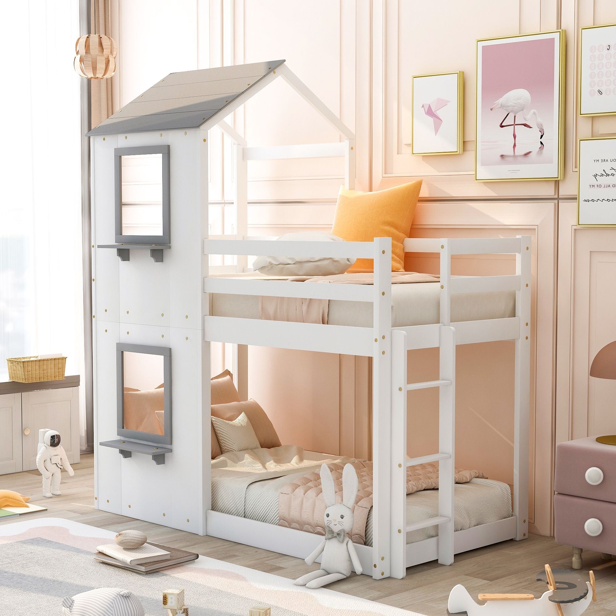 Kids Shared Room Twin Over Twin Wood Bunk Bed with Roof, Window, Guardrails, Ladder in White | Just Better Bunk Beds
