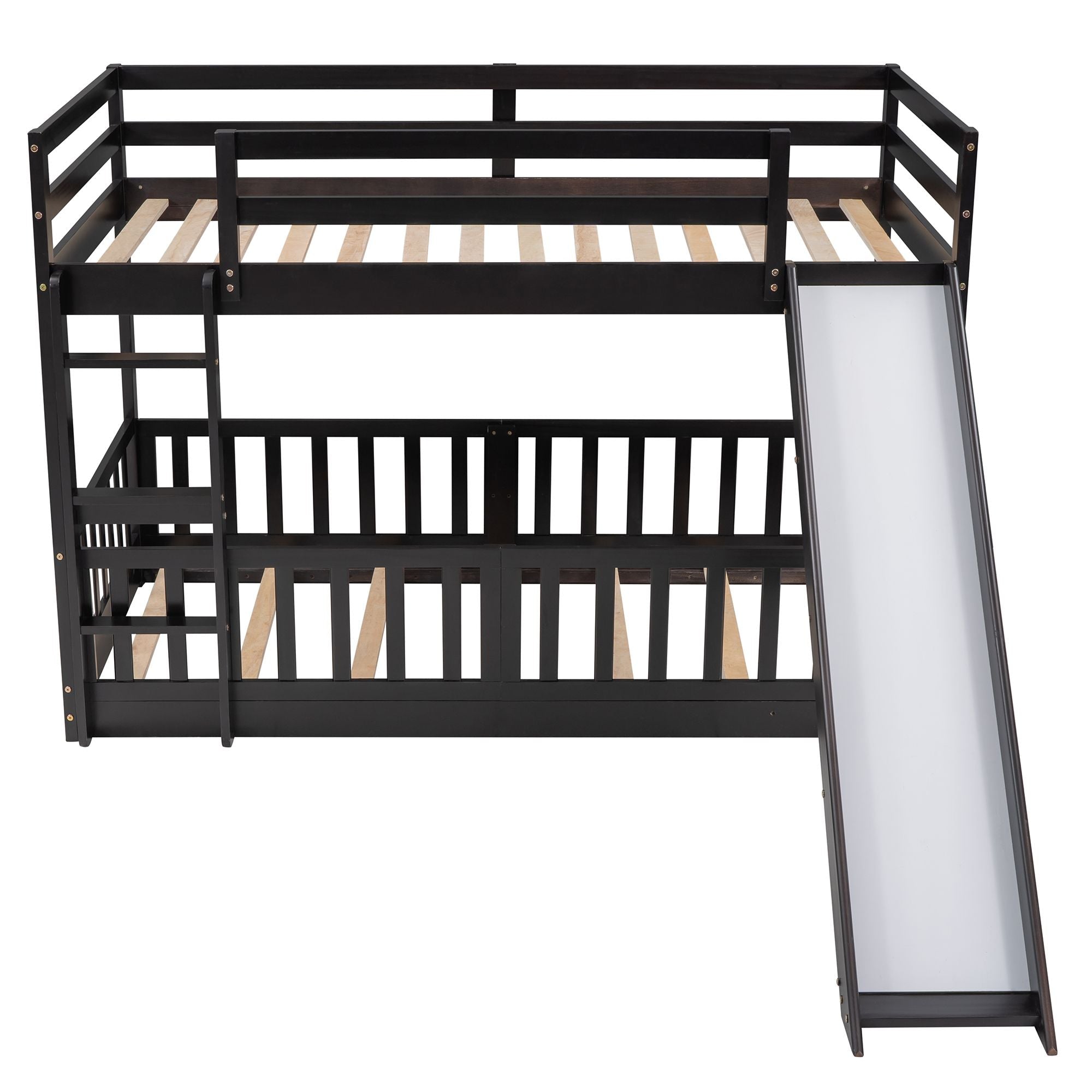 Kids Shared Room Twin Over Twin Wood Bunk Bed with Slide and Ladder, Espresso Finish | Just Better Bunk Beds