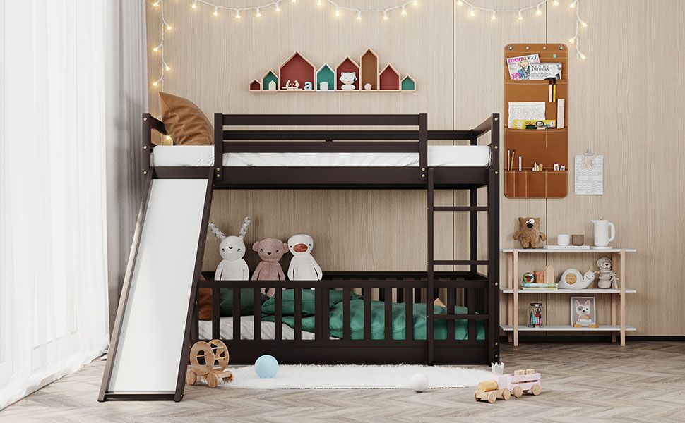 Kids Shared Room Twin Over Twin Wood Bunk Bed with Slide and Ladder, Espresso Finish | Just Better Bunk Beds