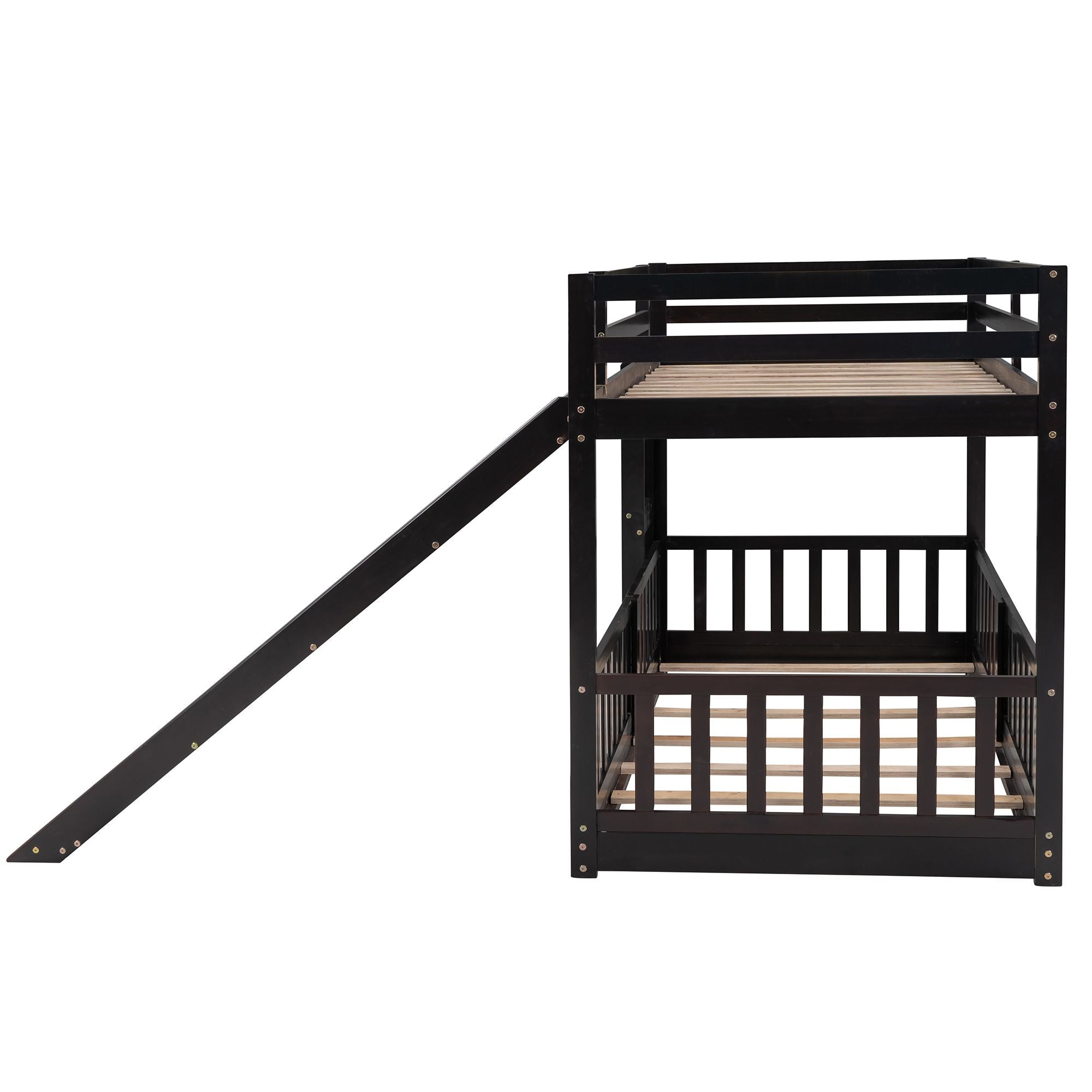 Kids Shared Room Twin Over Twin Wood Bunk Bed with Slide and Ladder, Espresso Finish | Just Better Bunk Beds
