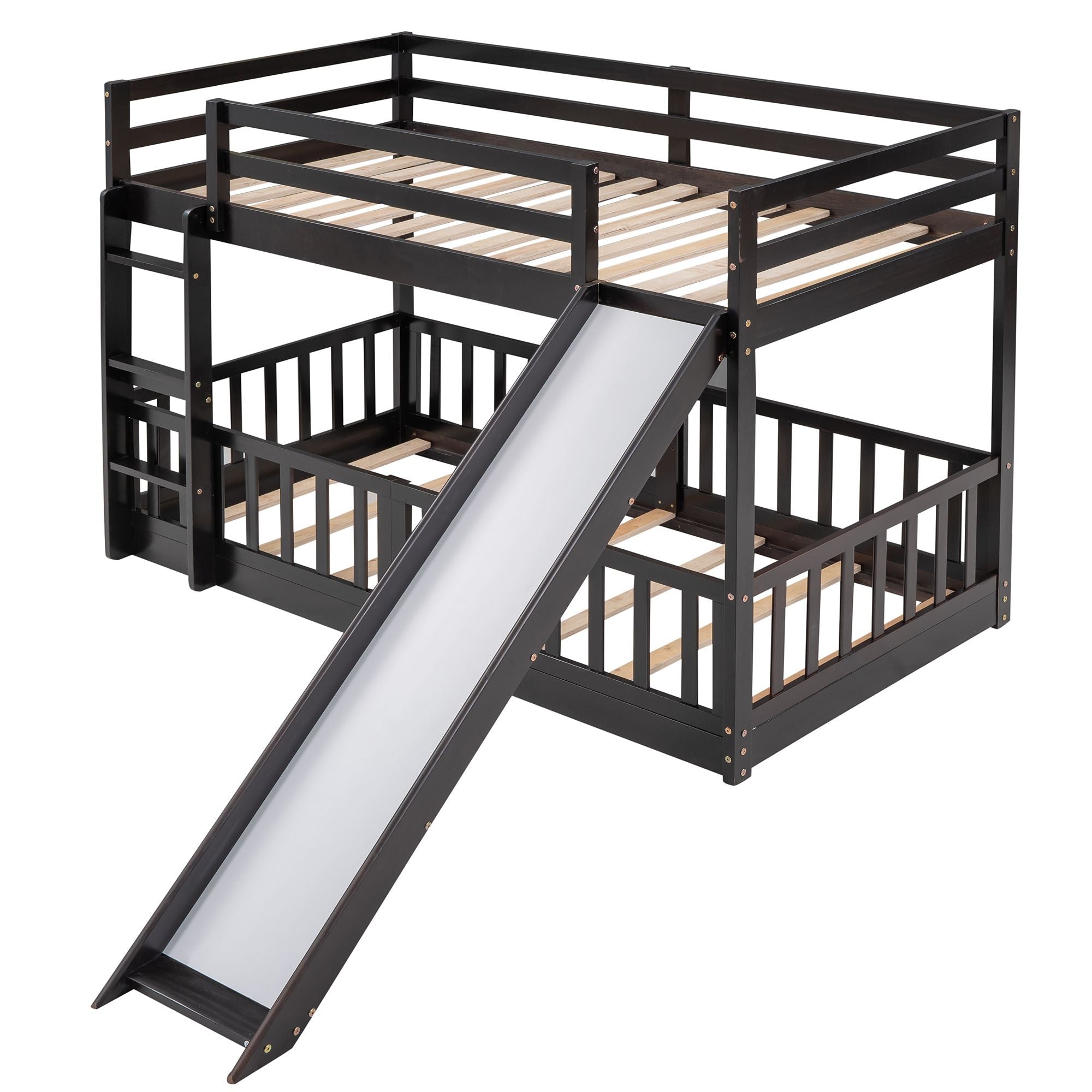 Kids Shared Room Twin Over Twin Wood Bunk Bed with Slide and Ladder, Espresso Finish | Just Better Bunk Beds