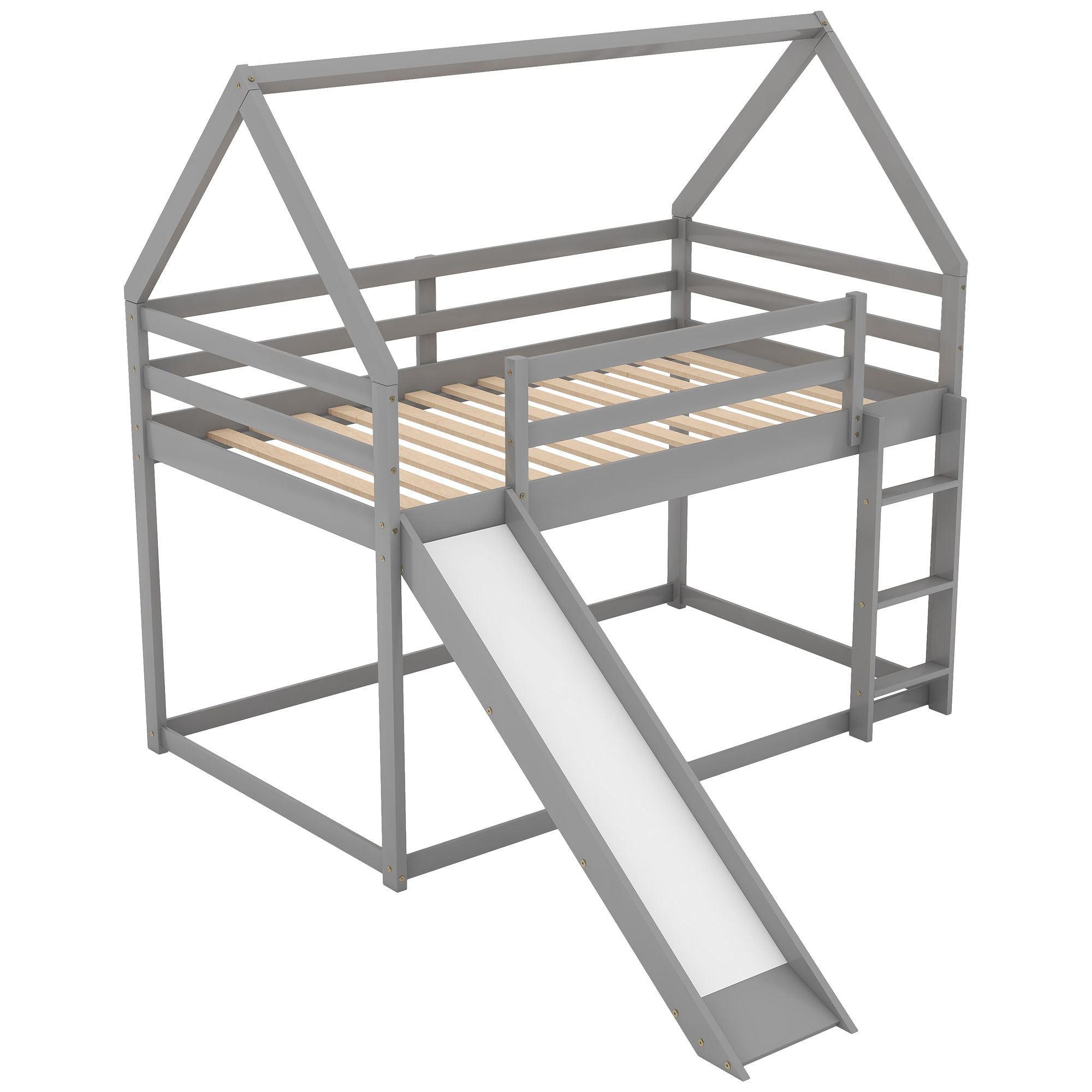 Kids Shared Room Twin Over Twin Wood Bunk Bed with Slide and Ladder, Gray | Just Better Bunk Beds