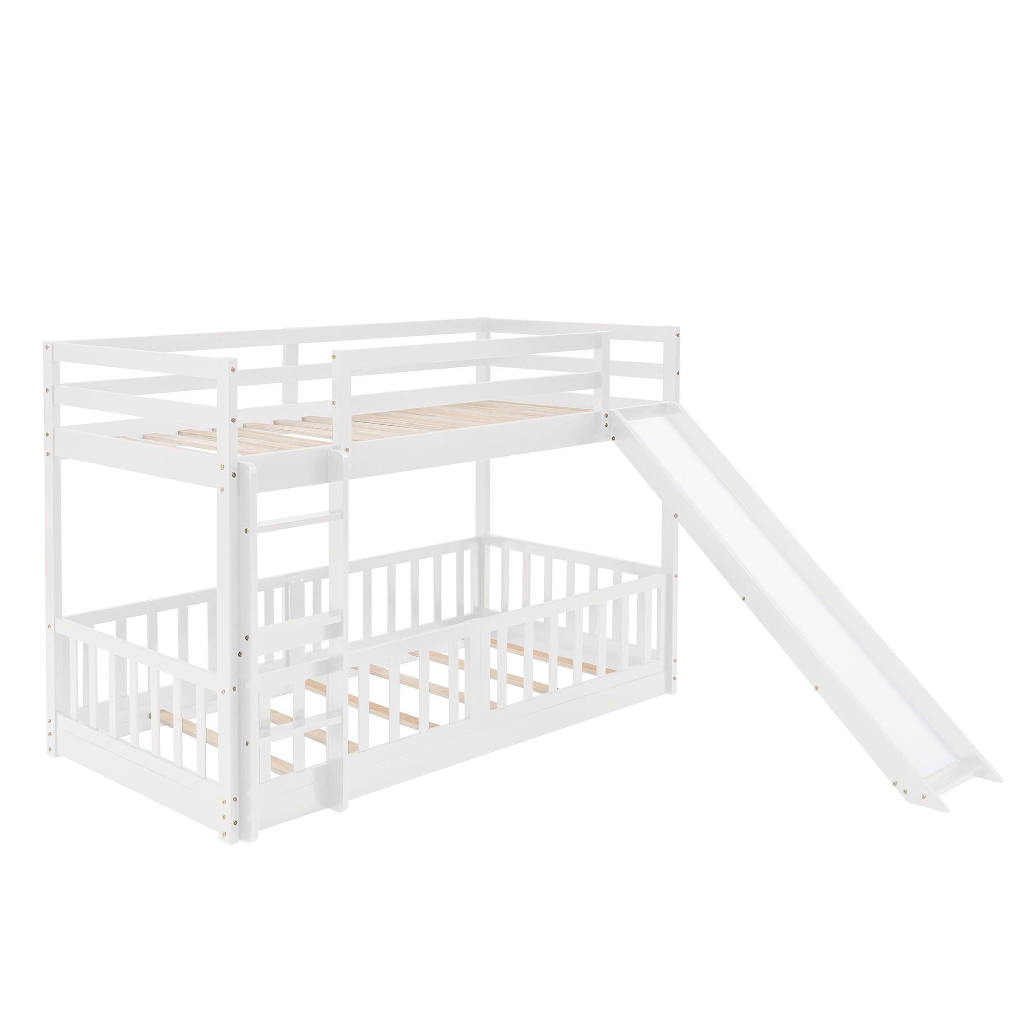 Kids Shared Room Twin Over Twin Wood Bunk Bed with Slide and Ladder White | Just Better Bunk Beds