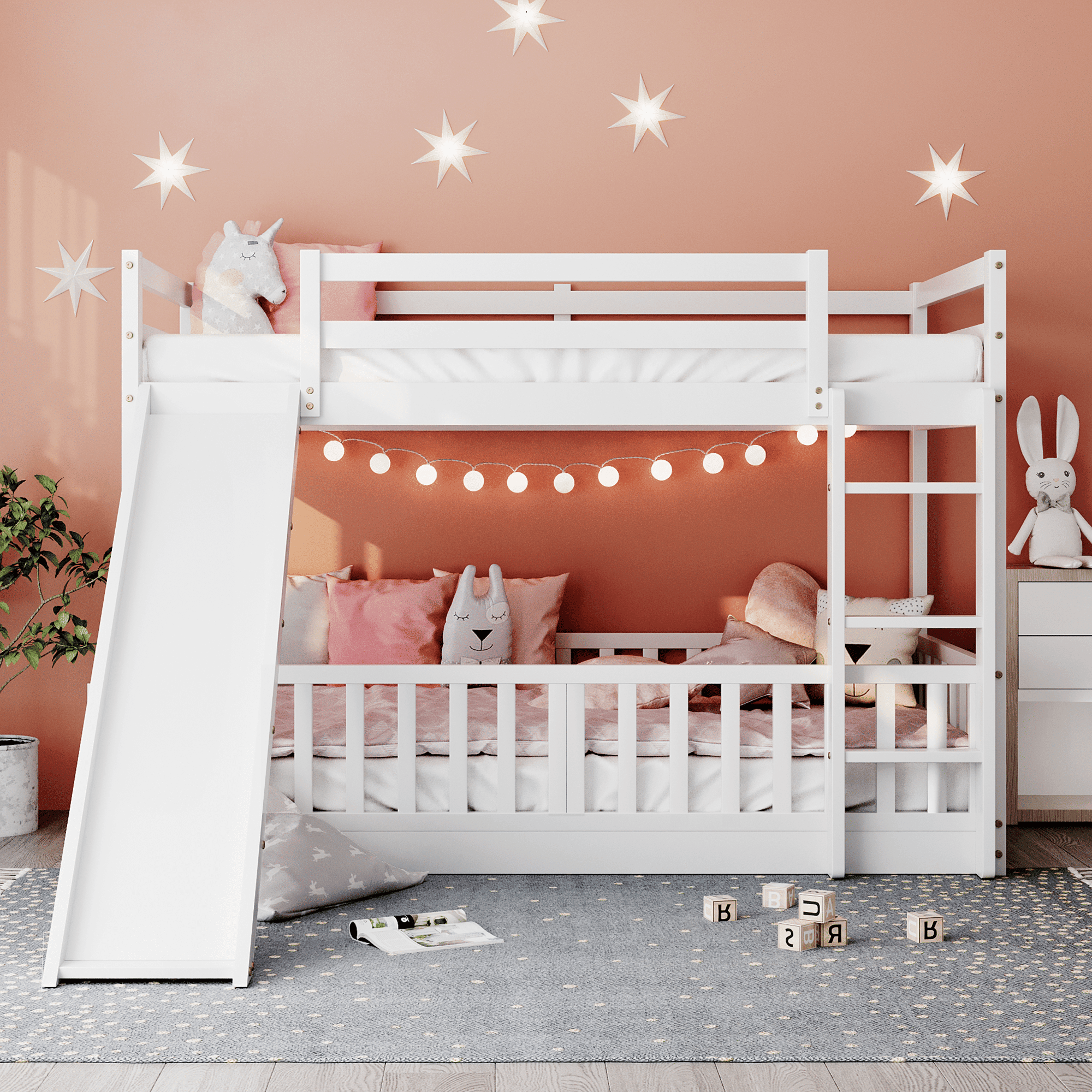Kids Shared Room Twin Over Twin Wood Bunk Bed with Slide and Ladder White | Just Better Bunk Beds