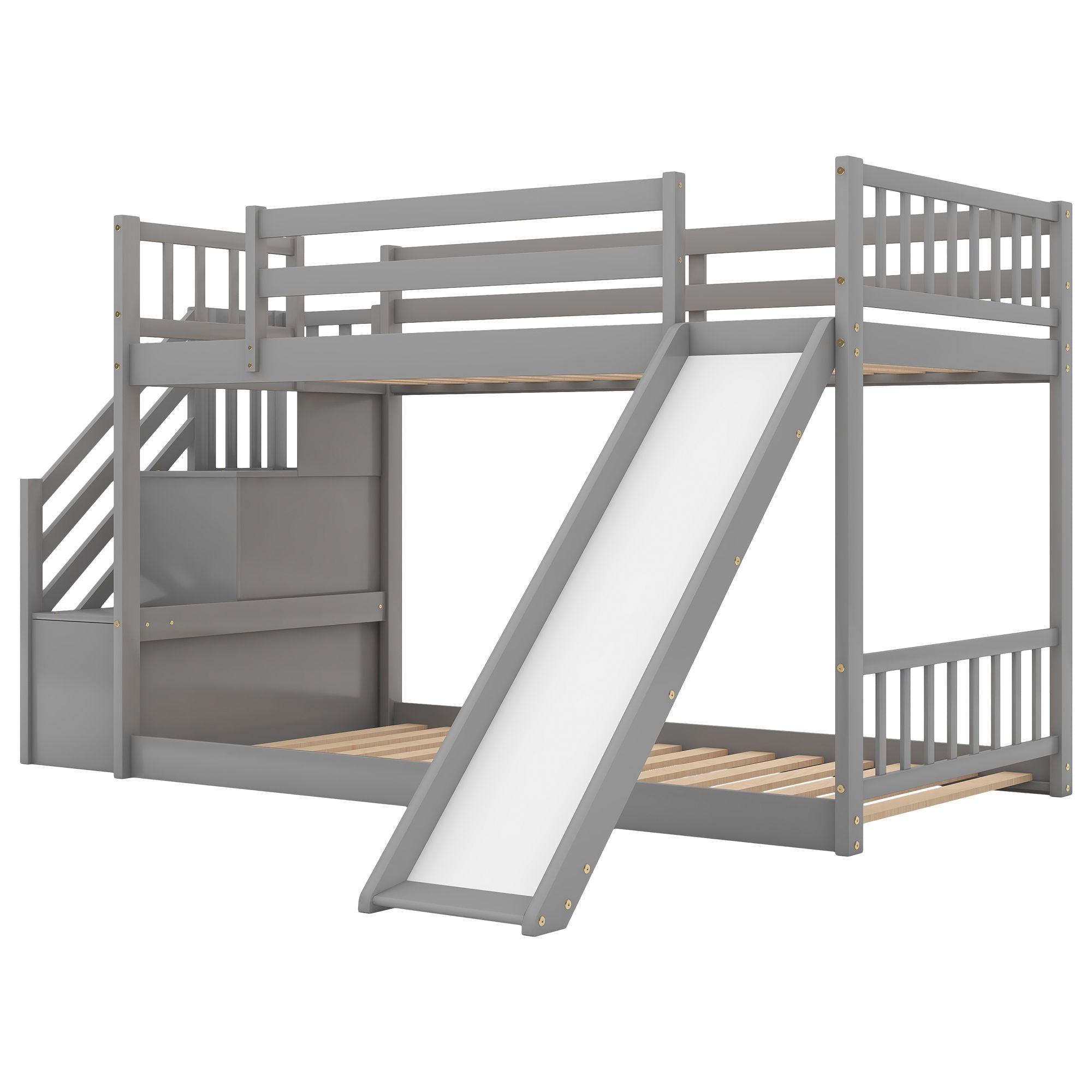 Kids Shared Room Twin Over Twin Wood Bunk Bed with Slide and Stairway in Gray | Just Better Bunk Beds