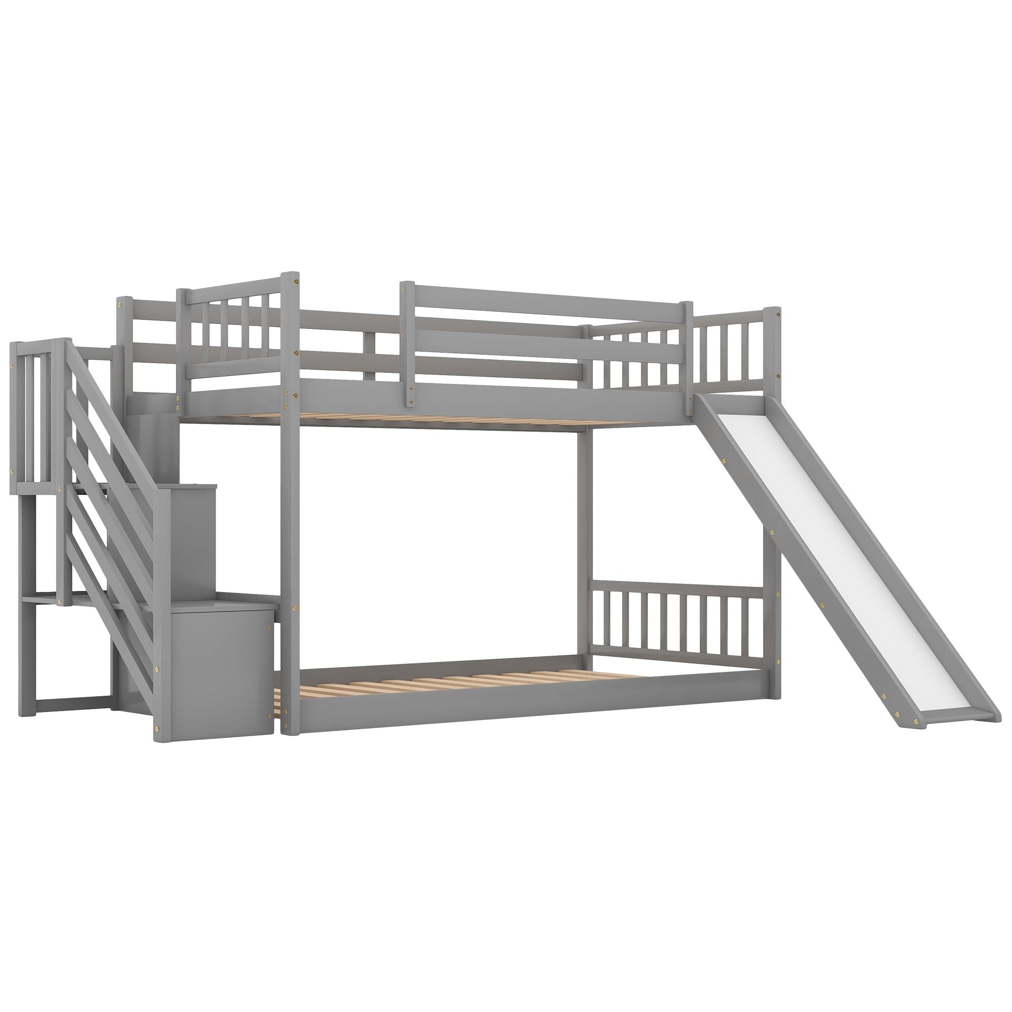 Kids Shared Room Twin Over Twin Wood Bunk Bed with Slide and Stairway in Gray | Just Better Bunk Beds