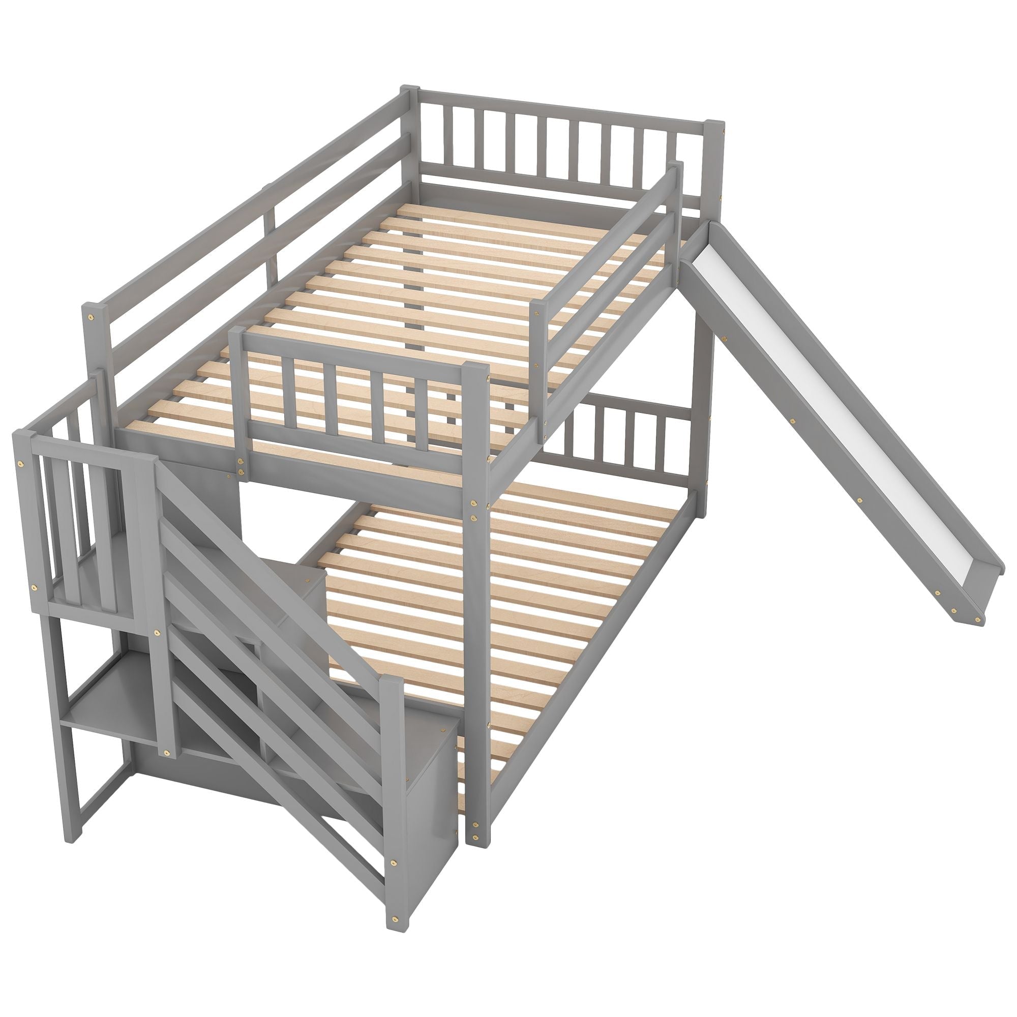 Kids Shared Room Twin Over Twin Wood Bunk Bed with Slide and Stairway in Gray | Just Better Bunk Beds