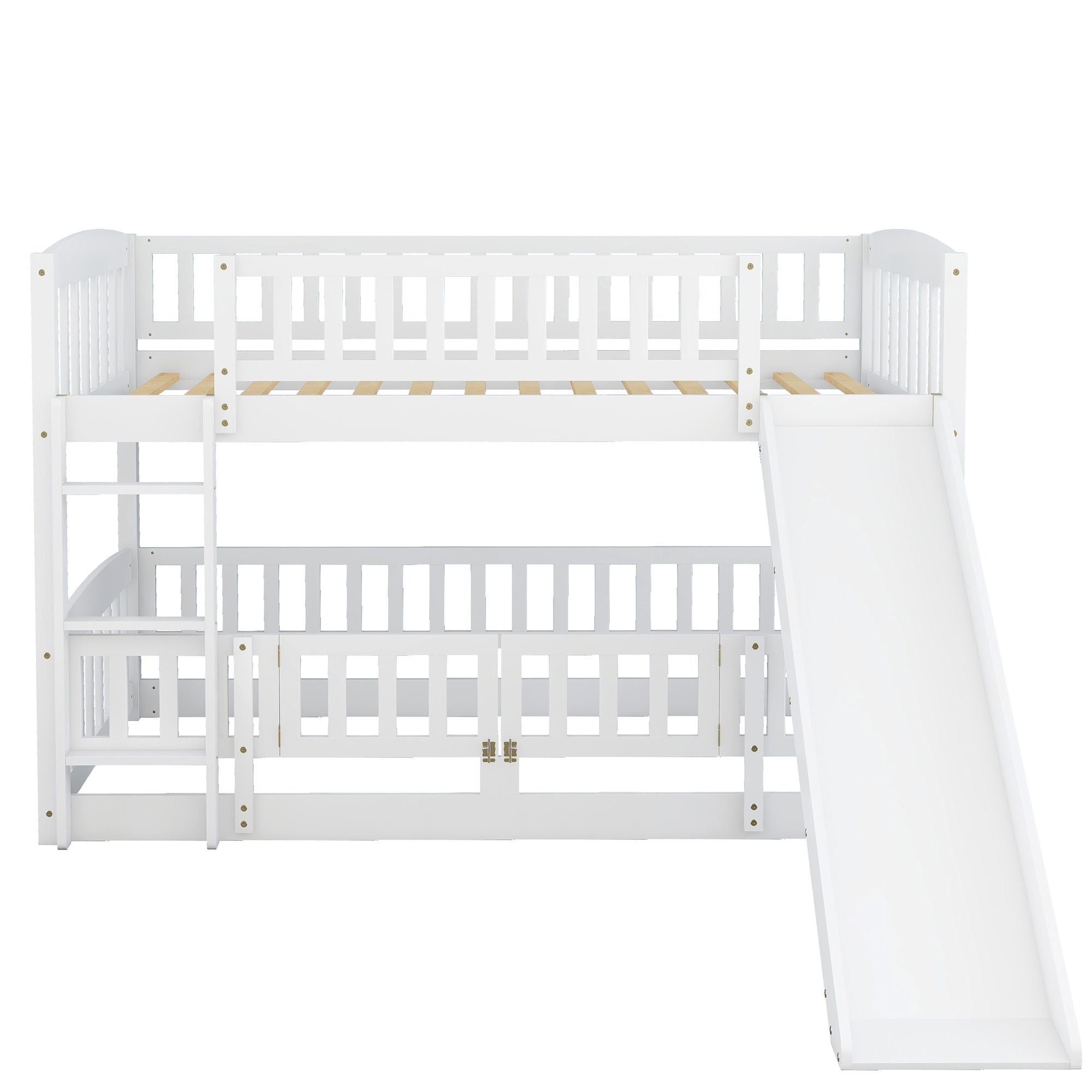 Kids Shared Room Twin Over Twin Wood Bunk Bed with Slide, Ladder, White | Just Better Bunk Beds