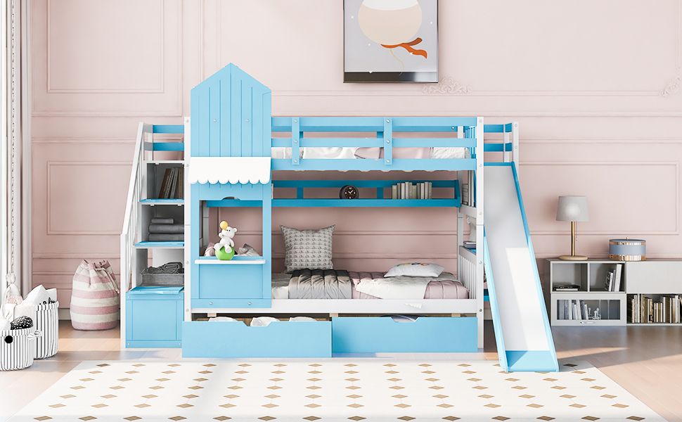 Kids Shared Room Twin Over Twin Wood Bunk Bed with Slide, Storage Drawers, Shelves in Blue | Just Better Bunk Beds