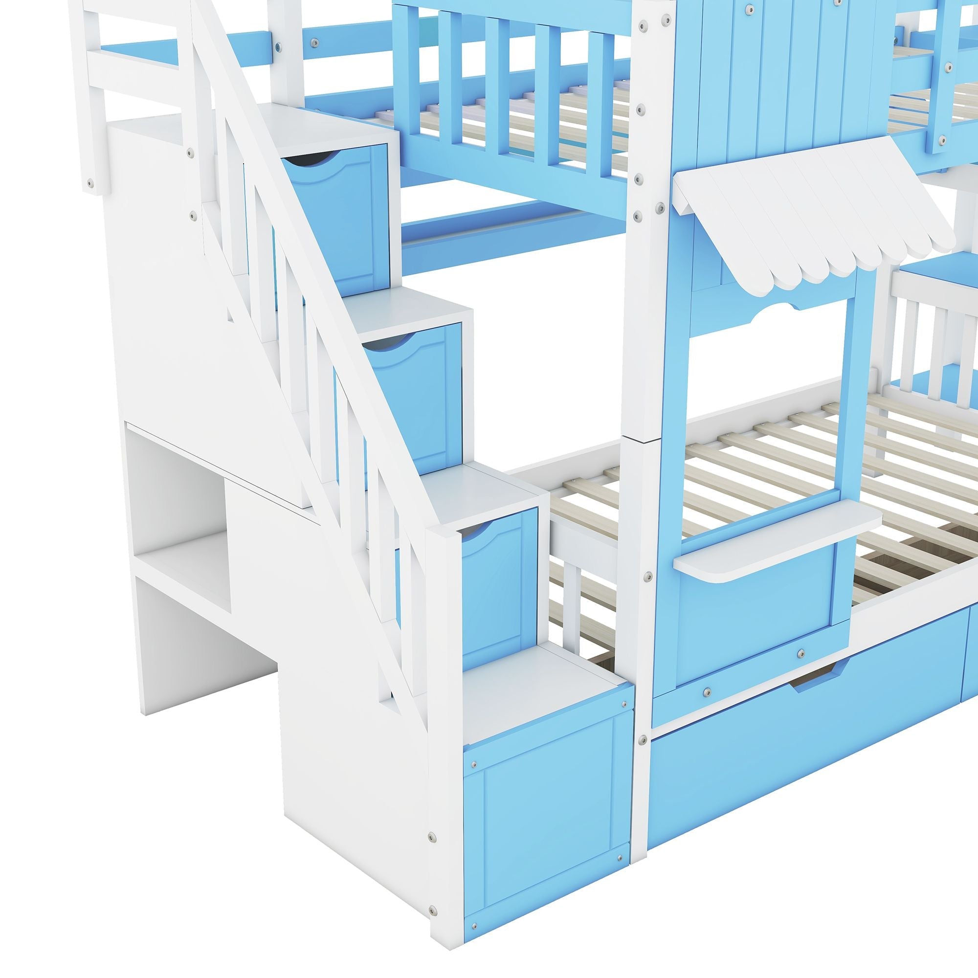 Kids Shared Room Twin Over Twin Wood Bunk Bed with Slide, Storage Drawers, Shelves in Blue | Just Better Bunk Beds