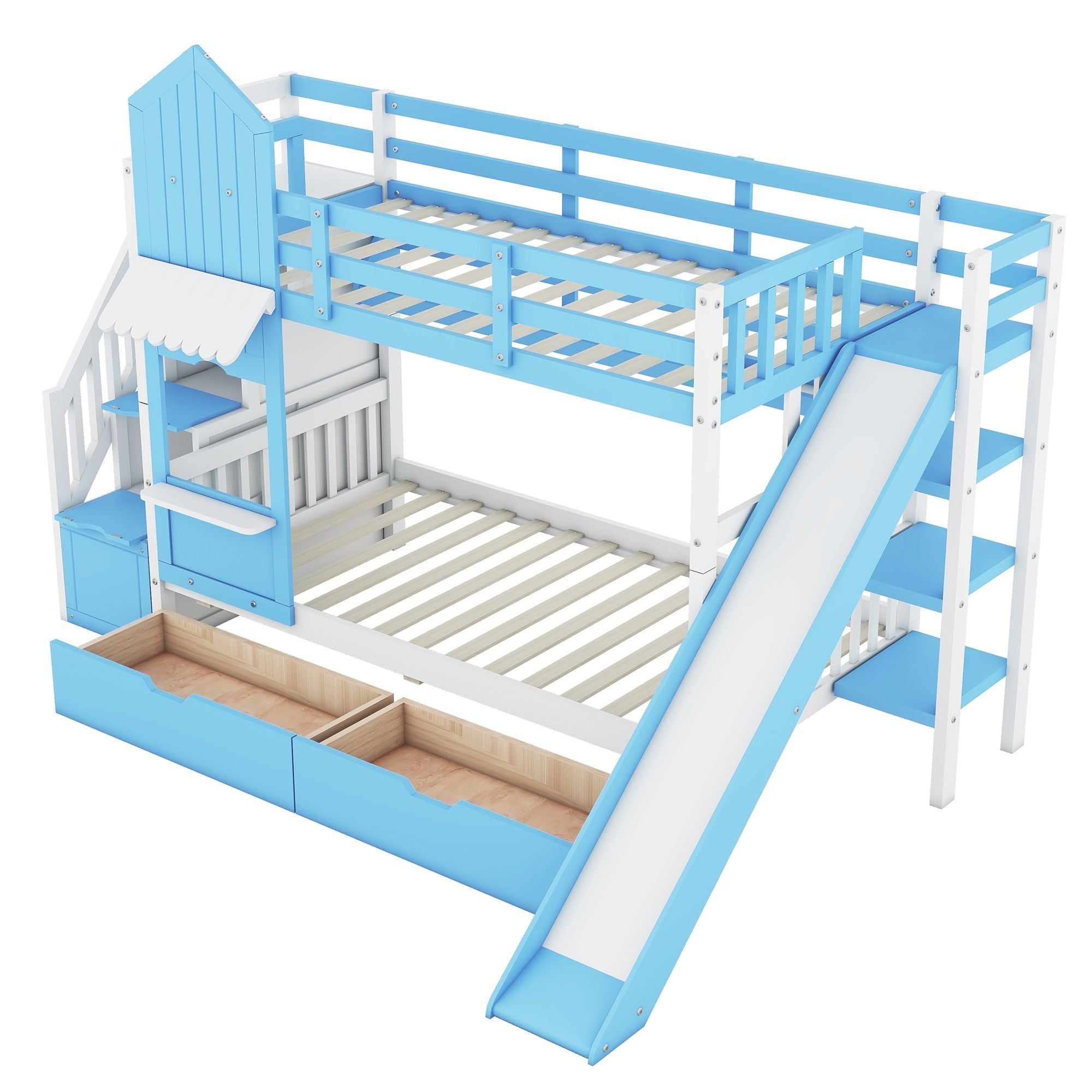 Kids Shared Room Twin Over Twin Wood Bunk Bed with Slide, Storage Drawers, Shelves in Blue | Just Better Bunk Beds